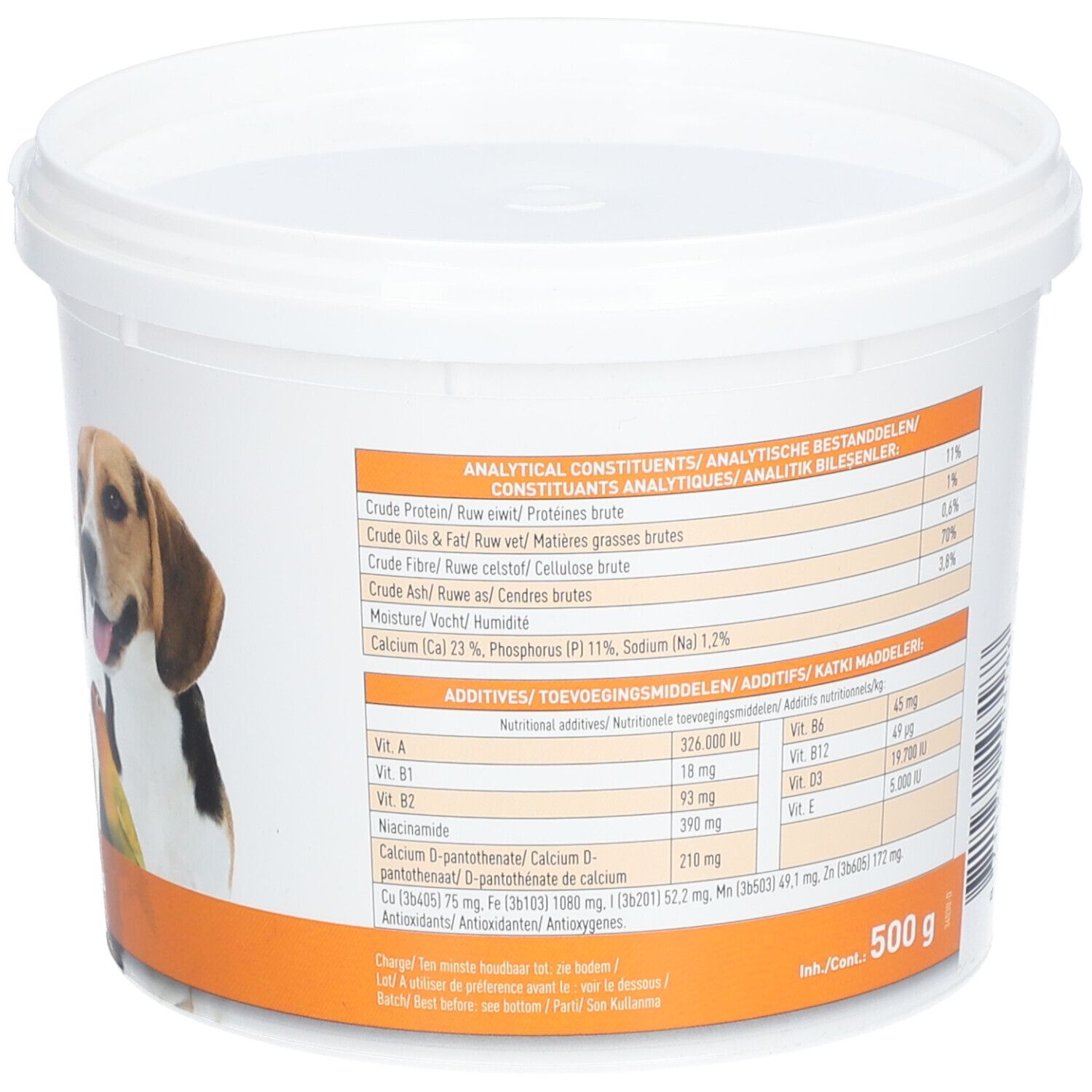 Dos d'un seau blanc avec couvercle. Texte et informations nutritionnelles. Inscription : "beaphar Gistocal". Bande orange avec texte.