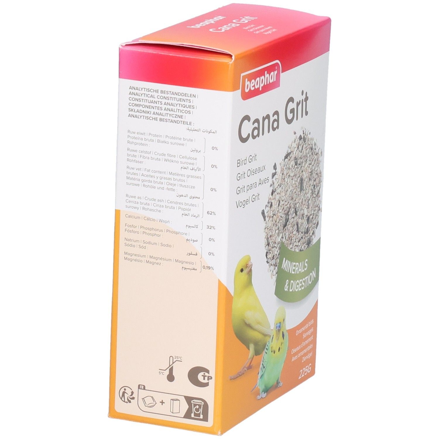 Beaphar Cana Grit-Verpackung, Seitenansicht. Aufdruck: Inhaltsstoffe. Abbildung: gelber und grüner Vogel. 225g.