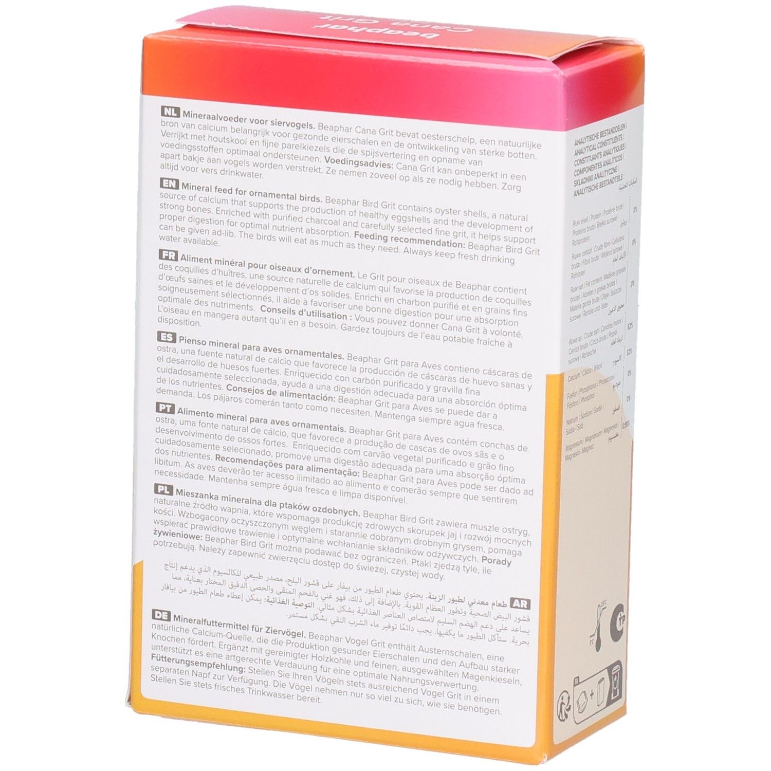 Beaphar Cana Grit-Verpackung, Rückseite. Text: Mineralfutter für Ziervögel. Abbildung: gelber und grüner Vogel. 225g.
