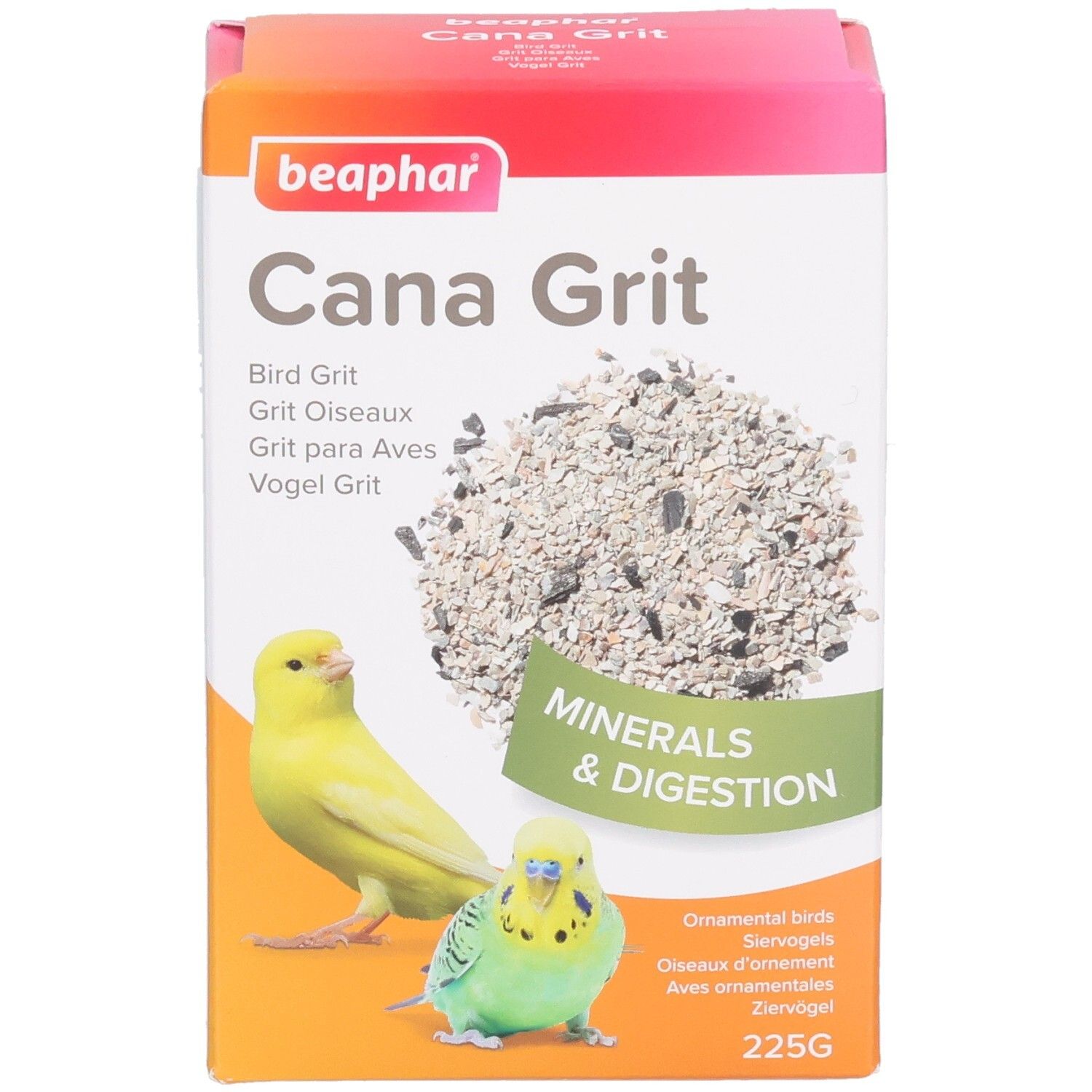 Beaphar Cana Grit-Verpackung. Aufdruck: Vogelfutter, Mineralien & Verdauung. Abbildung: gelber und grüner Vogel. 225g.