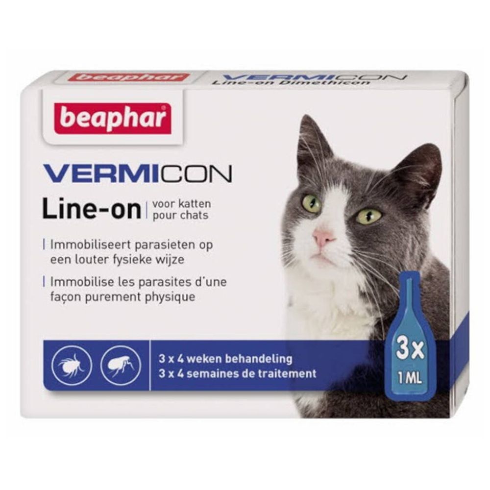 Verpakking van beaphar® VERMICON Line-on voor katten. Bevat 3 pipetten. Afbeelding van een kat.