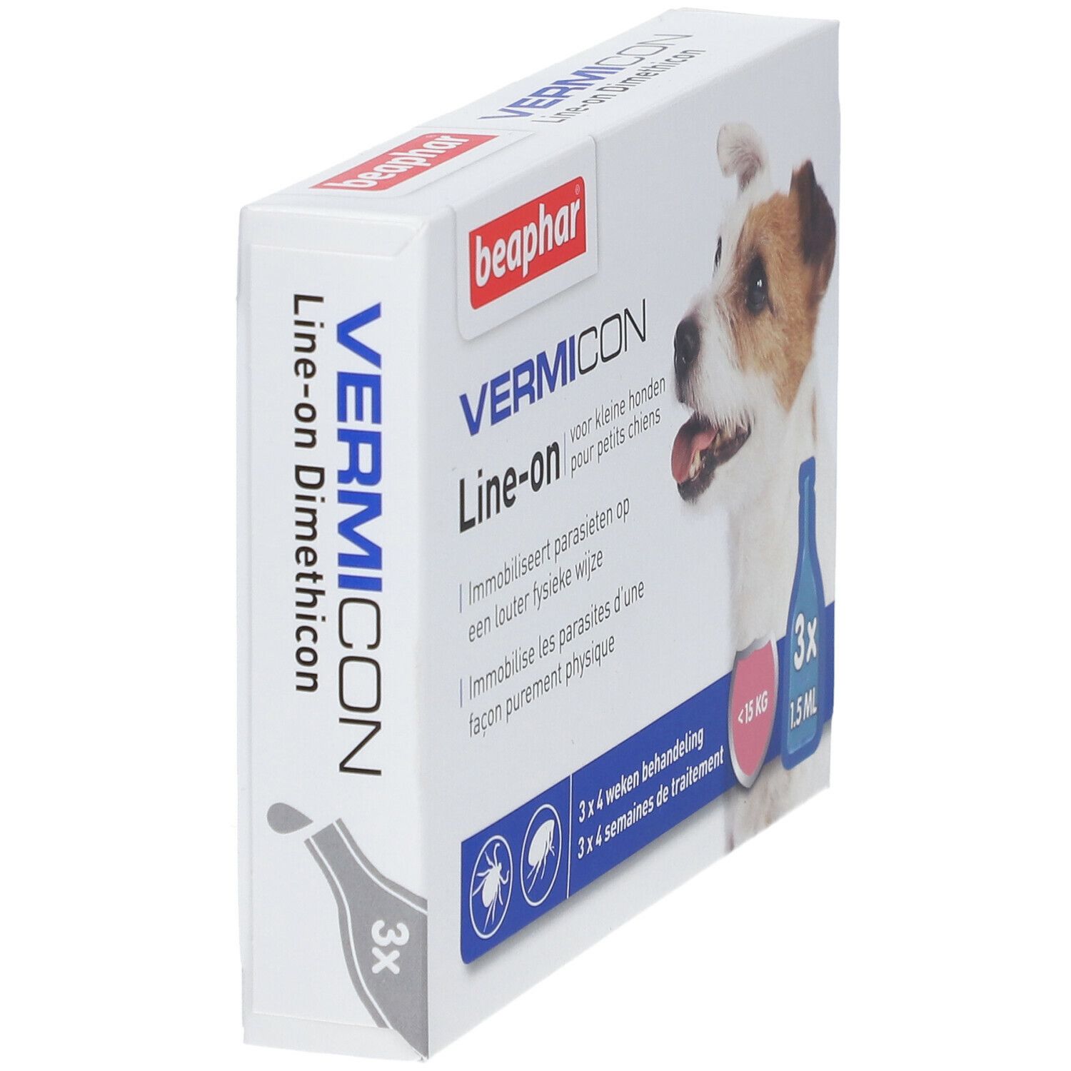Verpackung von Vermicon Line-on. Enthält 3 Pipetten. Produktname und Marke sichtbar.