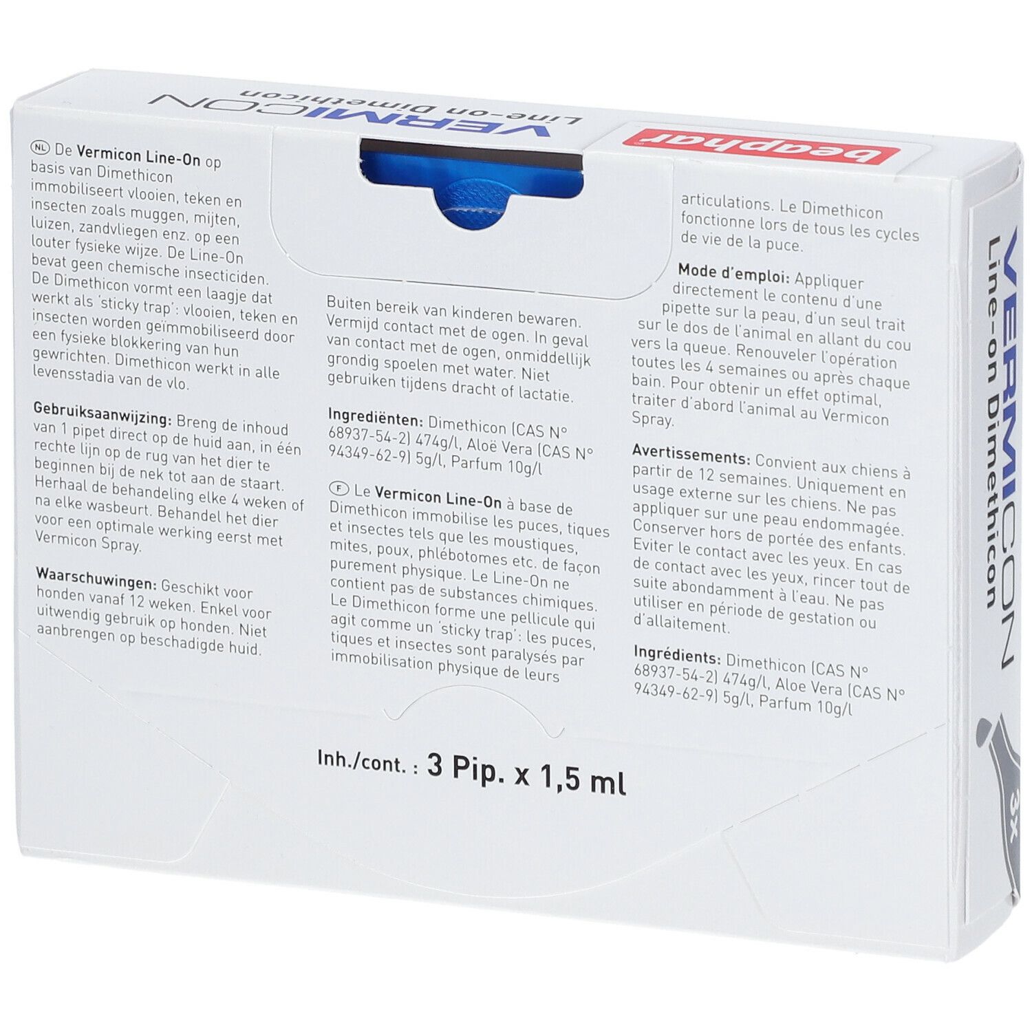 Rückseite der Verpackung von Vermicon Line-on. Text in Deutsch und Französisch. Enthält 3 Pipetten.