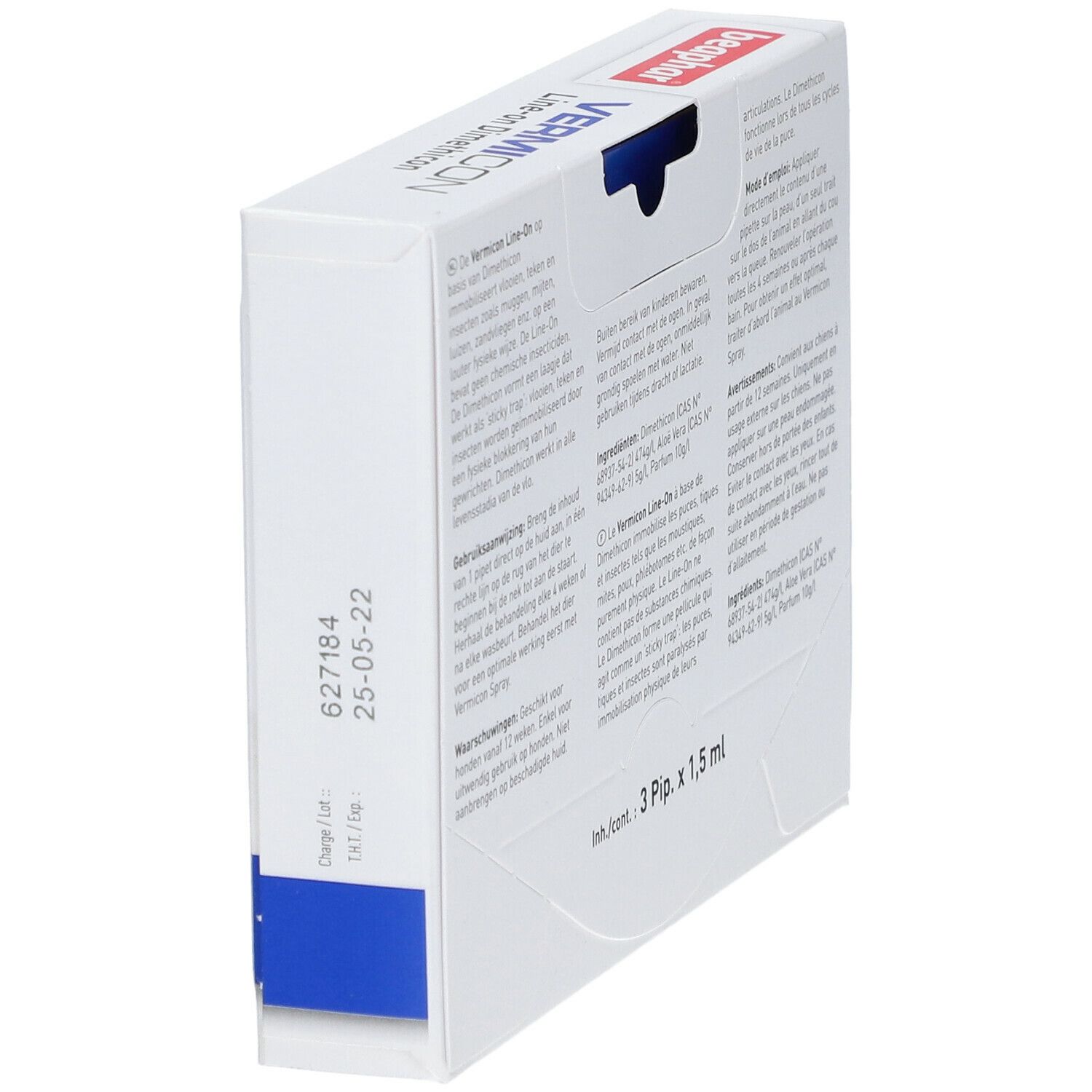 Seitenansicht der Verpackung von Vermicon Line-on. Enthält Informationen und Chargennummer.