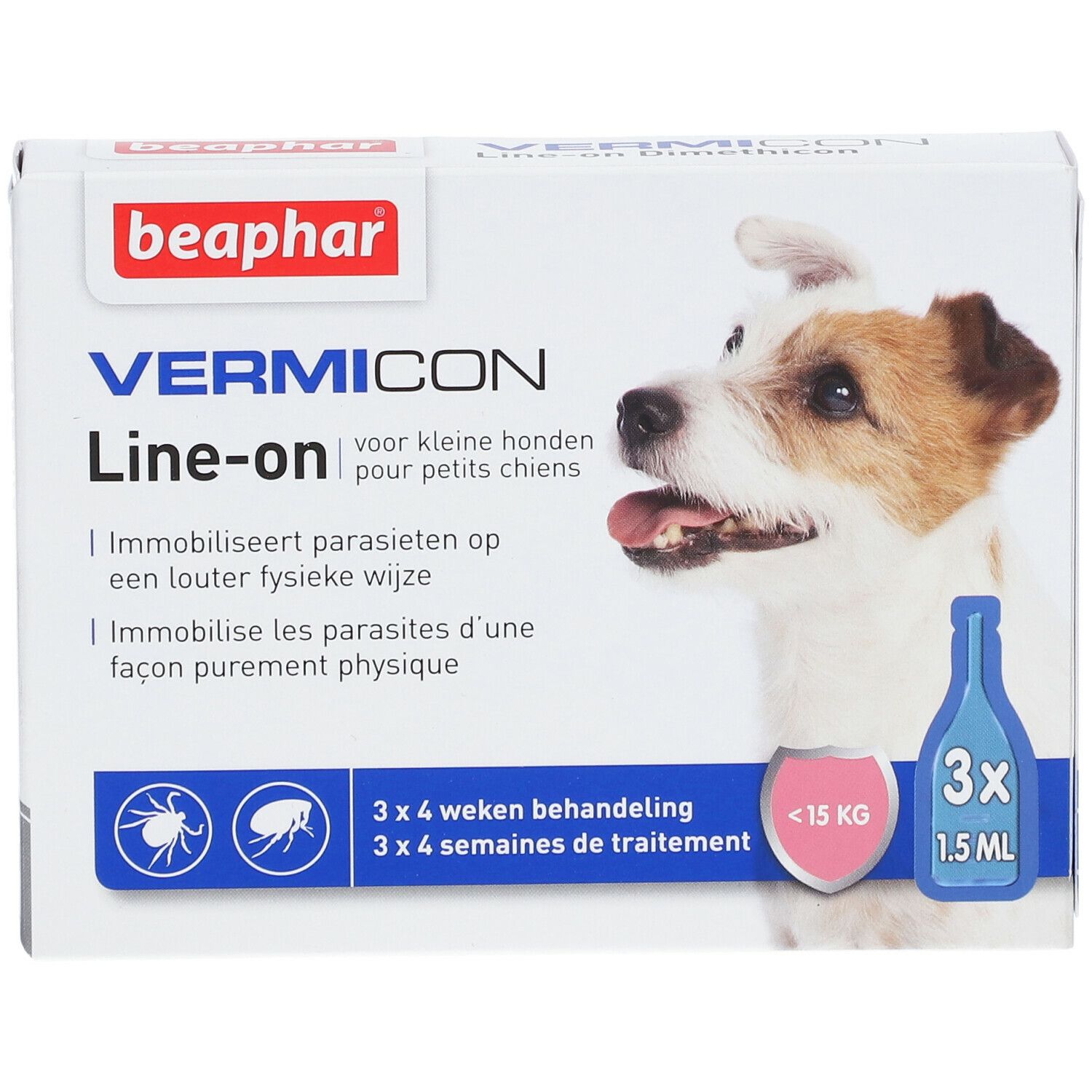 Verpackung von Vermicon Line-on für kleine Hunde. Enthält 3 Pipetten. Abbildung eines Hundes.