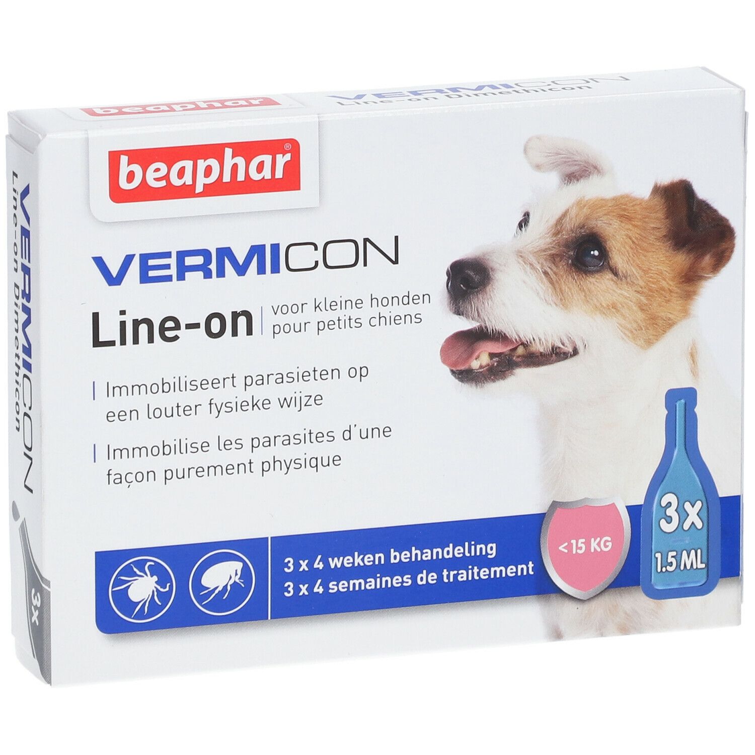 Verpackung von Vermicon Line-on für kleine Hunde. Enthält 3 Pipetten. Abbildung eines Hundes.