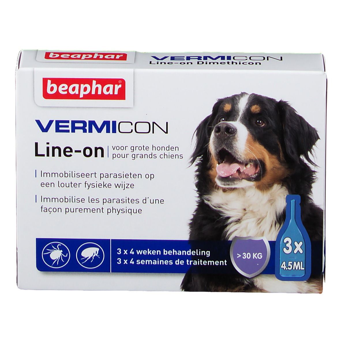 Productverpakking met productnaam en hond. Bevat 3 doses voor honden van meer dan 30 kg. Merk: beaphar.