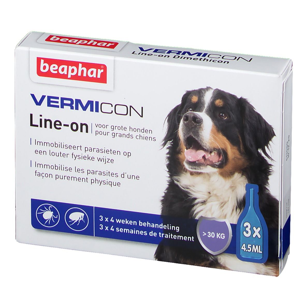 Productverpakking met productnaam en hond. Bevat 3 doses voor honden van meer dan 30 kg. Merk: beaphar.