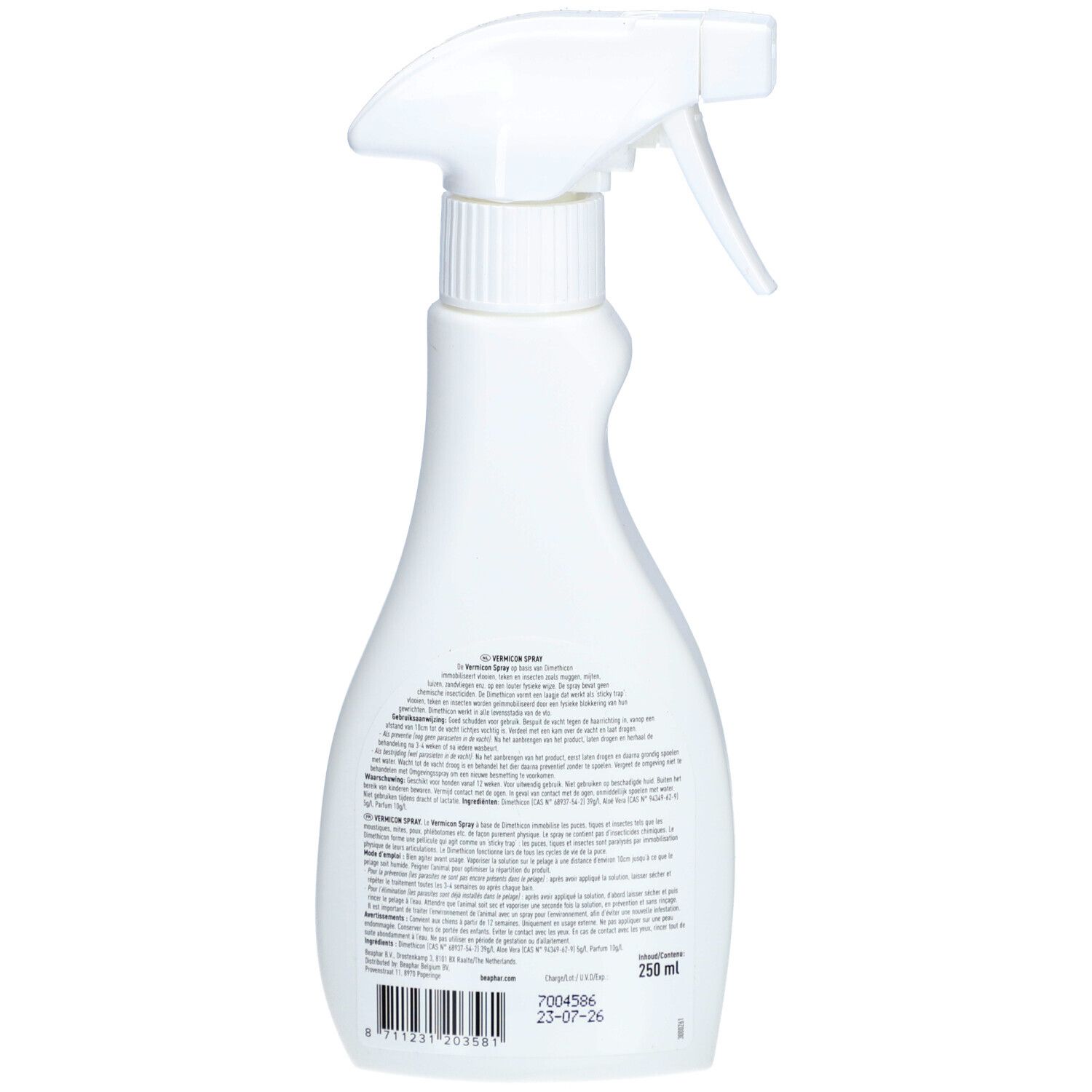 Rückseite einer weißen Sprühflasche. Enthält Textinformationen und ein Etikett mit Produktinformationen.