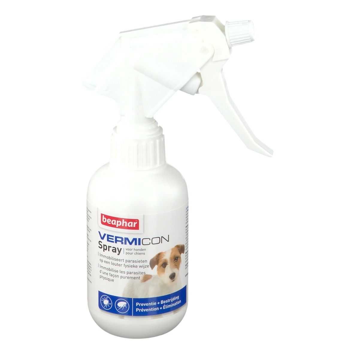 Weiße Sprühflasche mit beaphar VERMICON Spray-Etikett. Enthält ein Hundebild. Text: Immobilisiert Parasiten.