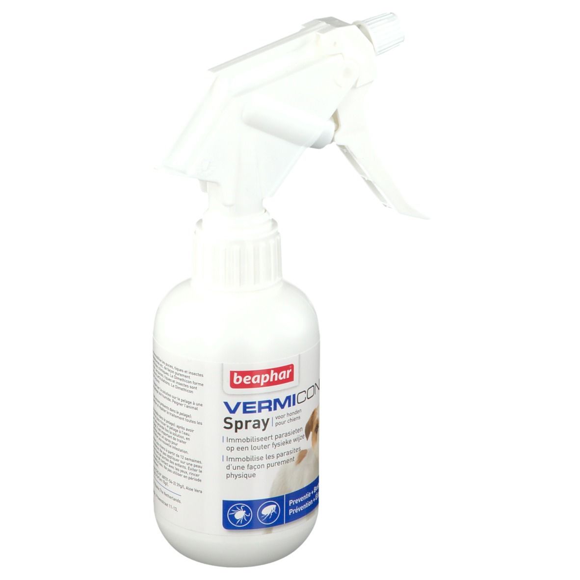 Weiße Sprühflasche mit beaphar VERMICON Spray-Etikett. Enthält ein Hundebild. Text: Immobilisiert Parasiten.
