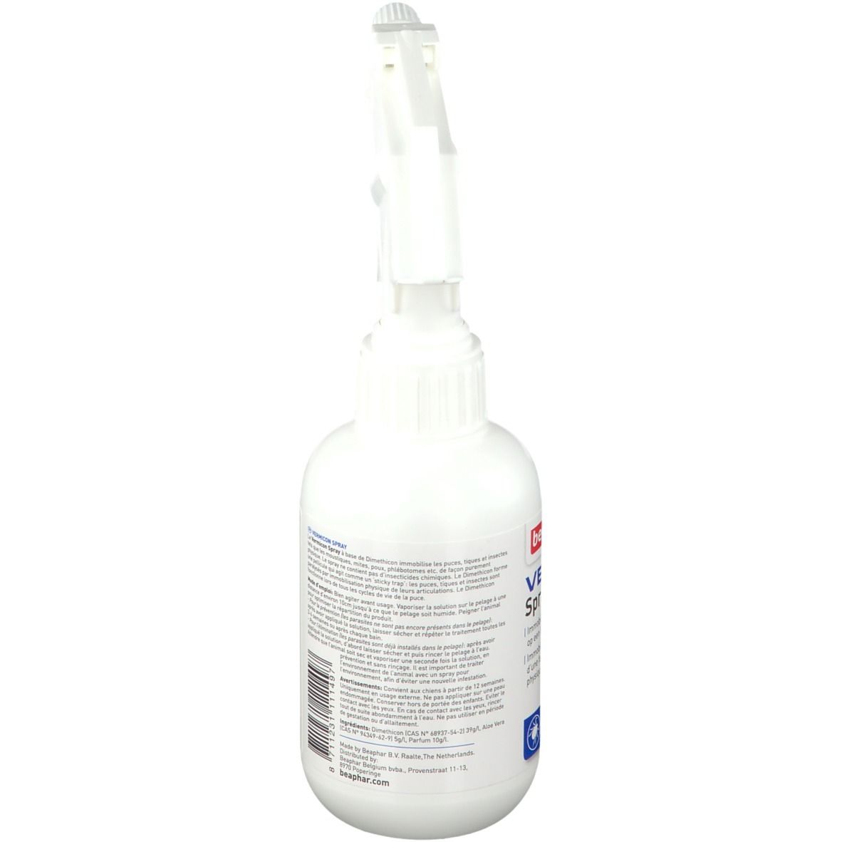 Rückseite einer weißen Sprühflasche. Enthält Textinformationen und ein Etikett mit Produktinformationen.