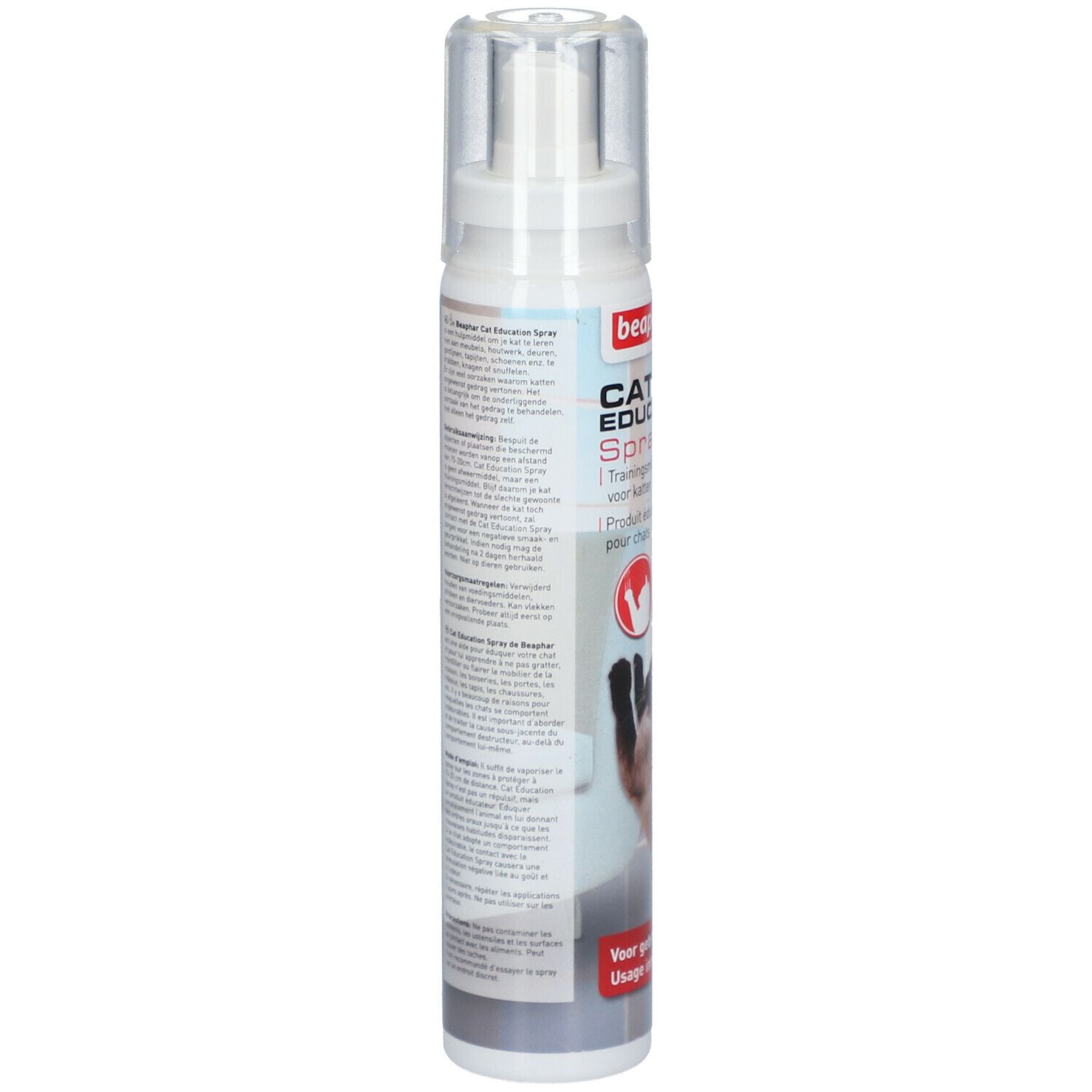 Beaphar Cat Education Spray. Dos du flacon avec texte. Contient des informations et des avertissements. Flacon blanc avec bouchon transparent.