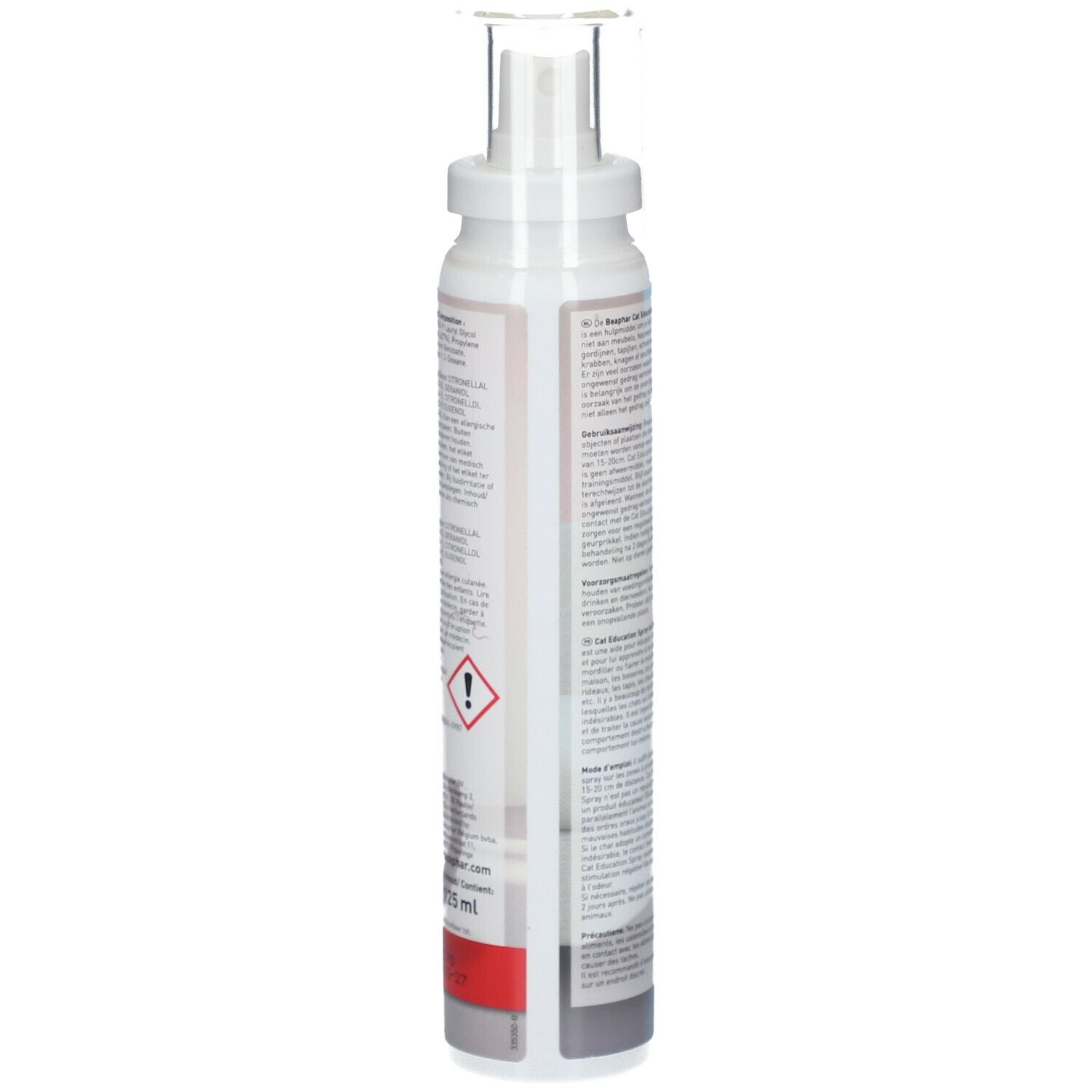 Beaphar Cat Education Spray. Vue latérale du flacon. Texte et symboles d'avertissement. Flacon blanc avec bouchon transparent.