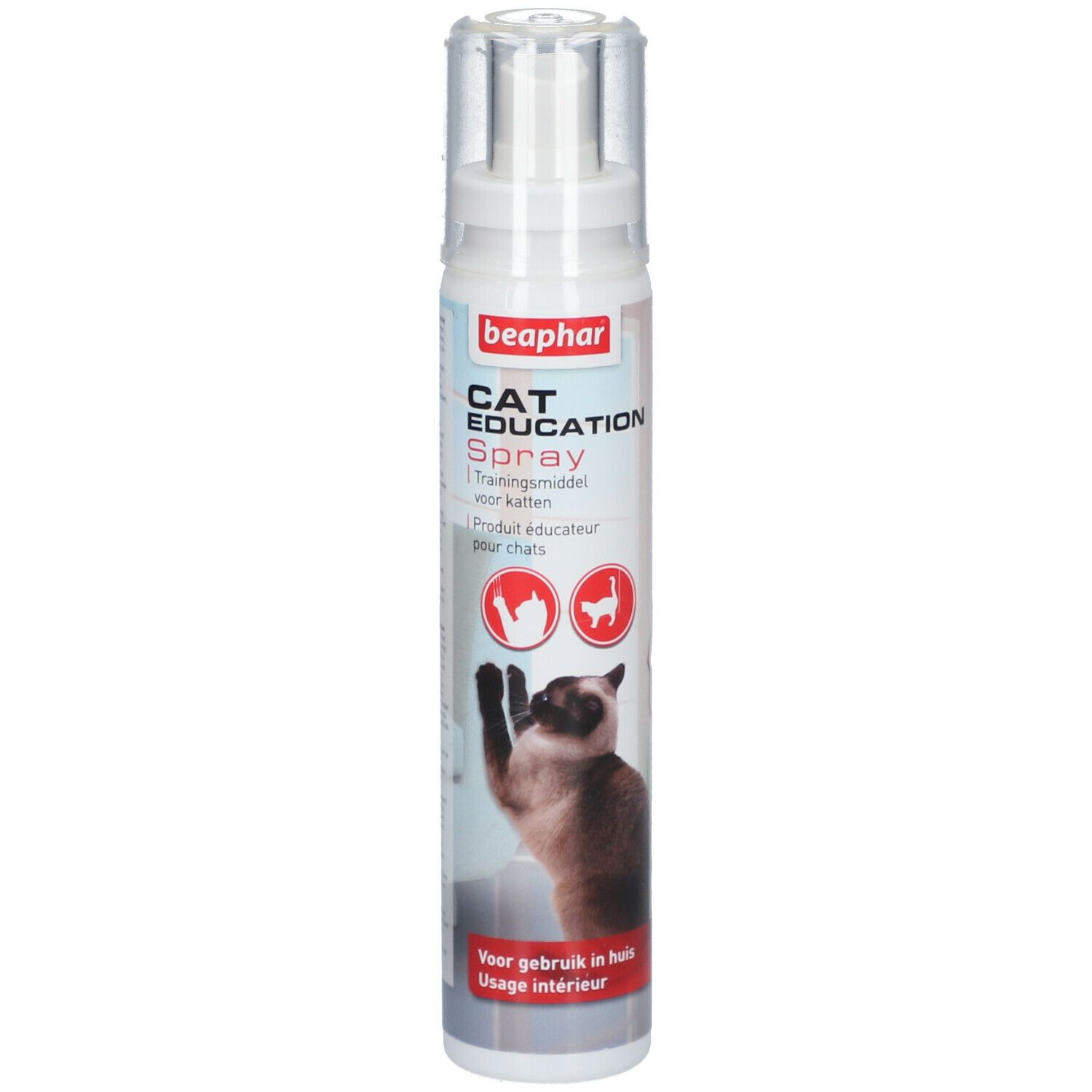 Spray Beaphar Cat Education. Flacon blanc avec bouchon transparent. Nom du produit et illustrations de chats sur le devant.