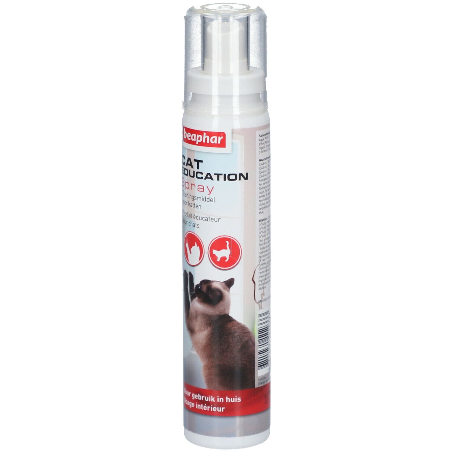 Spray Beaphar Cat Education. Flacon blanc avec bouchon transparent. Nom du produit et illustrations de chats sur le devant.