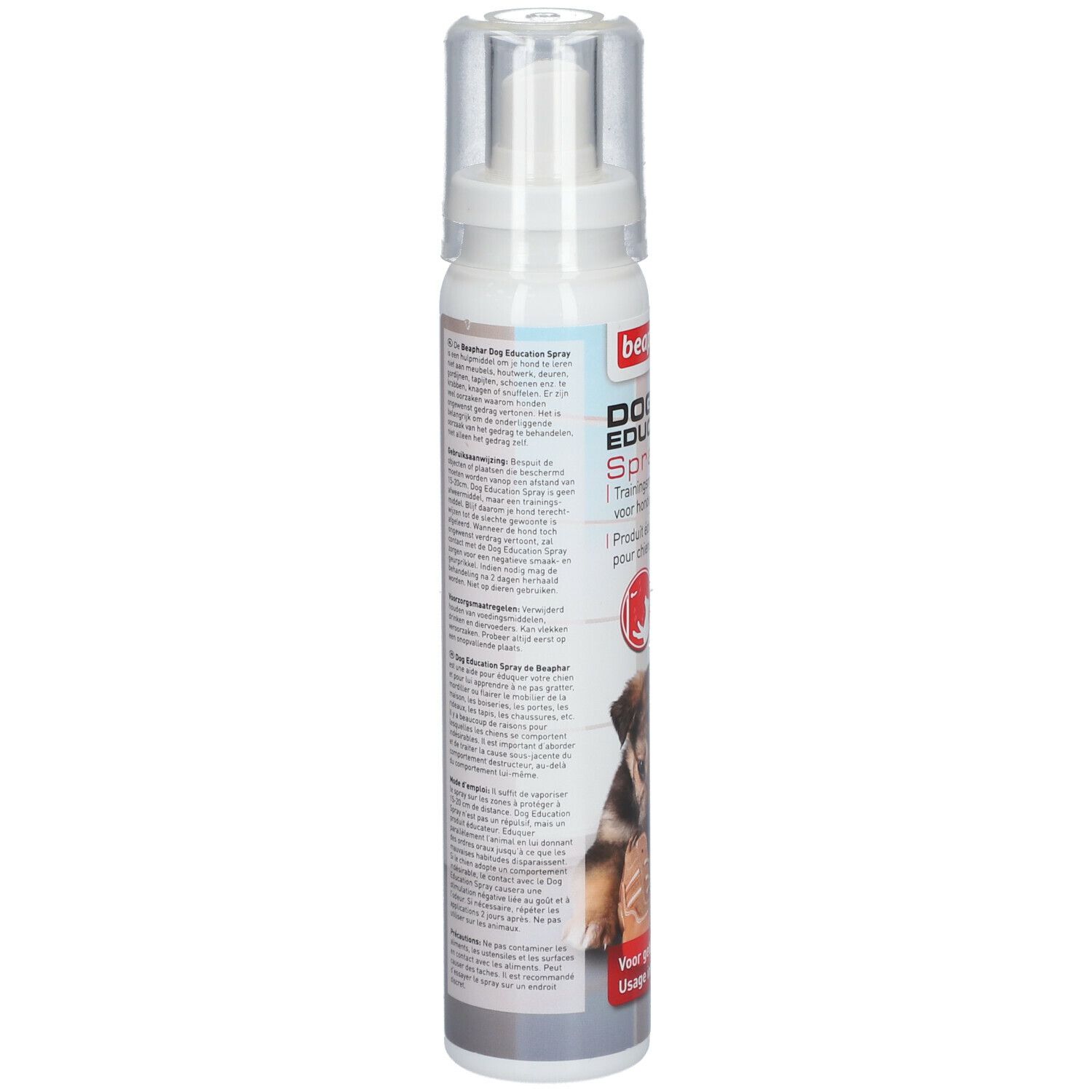 Achterkant van de Beaphar Dog Education Spray. Tekst in meerdere talen. Waarschuwingen en productinformatie.