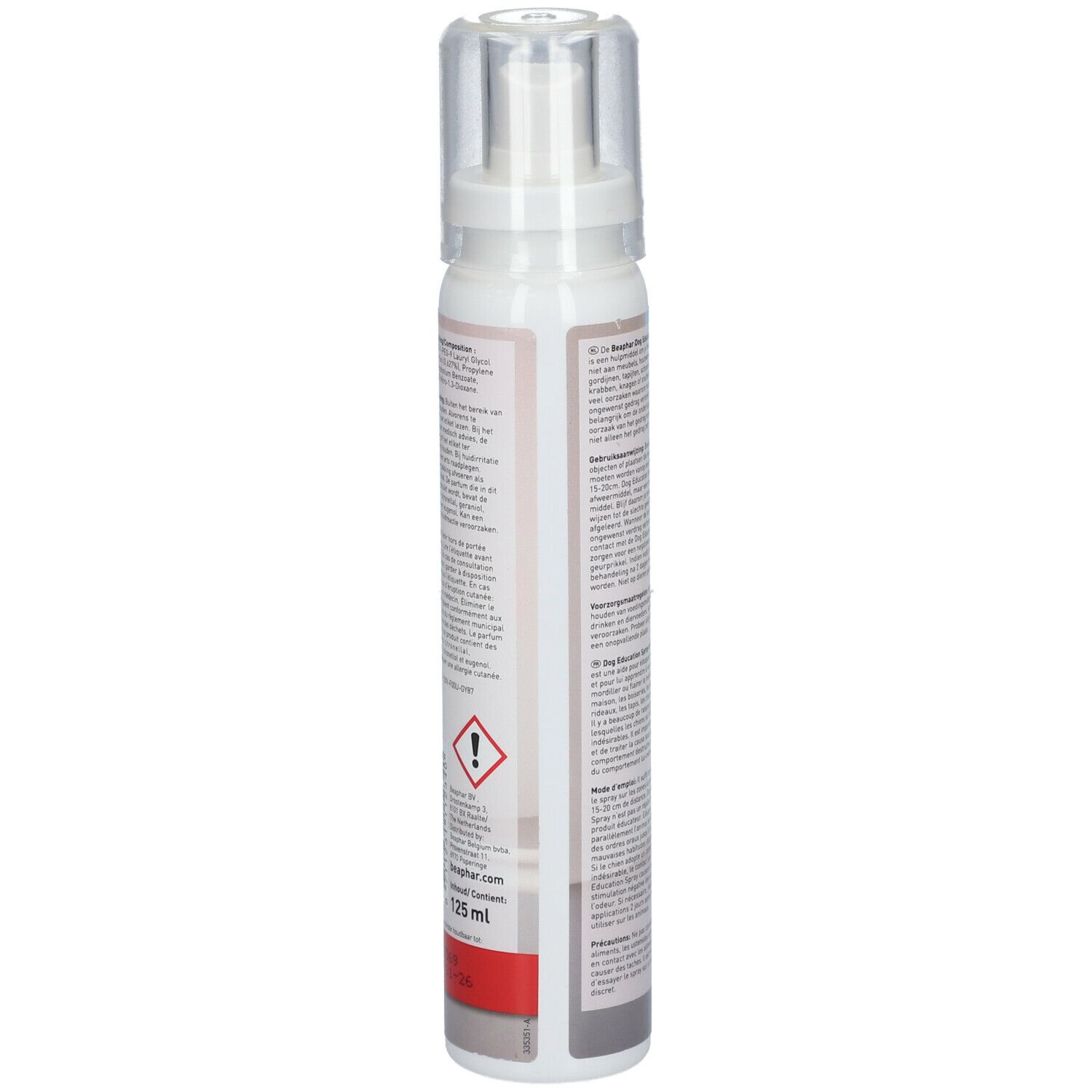 Beaphar Dog Education Spray. Fles met tekst en waarschuwing. Volume: 125 ml.