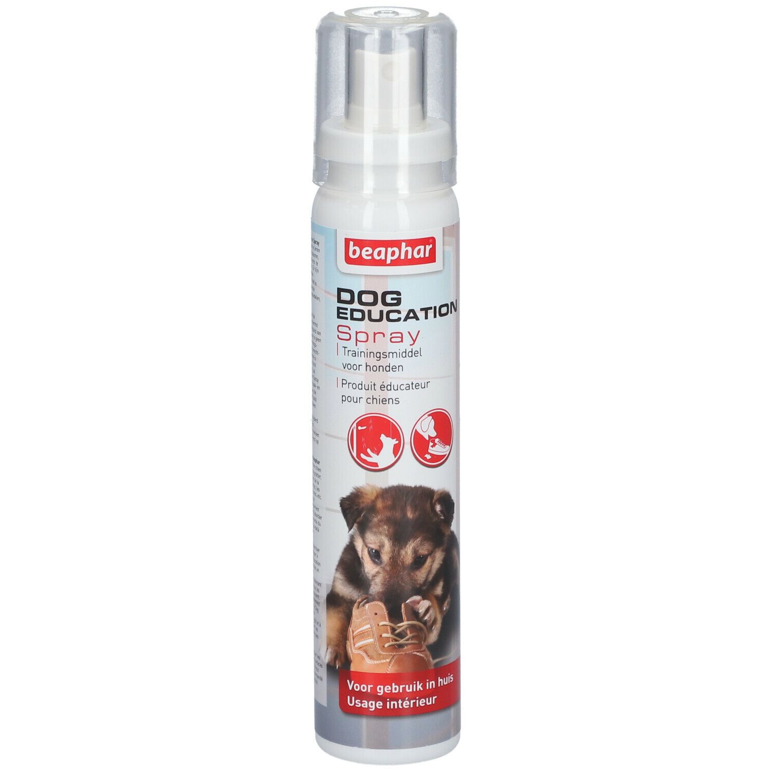 Beaphar Dog Education Spray. Witte spuitfles met transparante dop. Productnaam en hond op de voorkant.