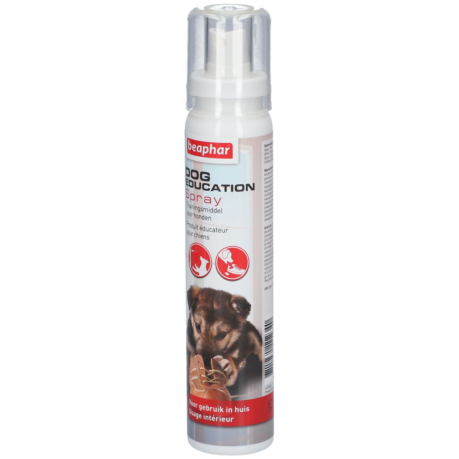 Beaphar Dog Education Spray. Witte spuitfles met transparante dop. Productnaam en hond op de voorkant.