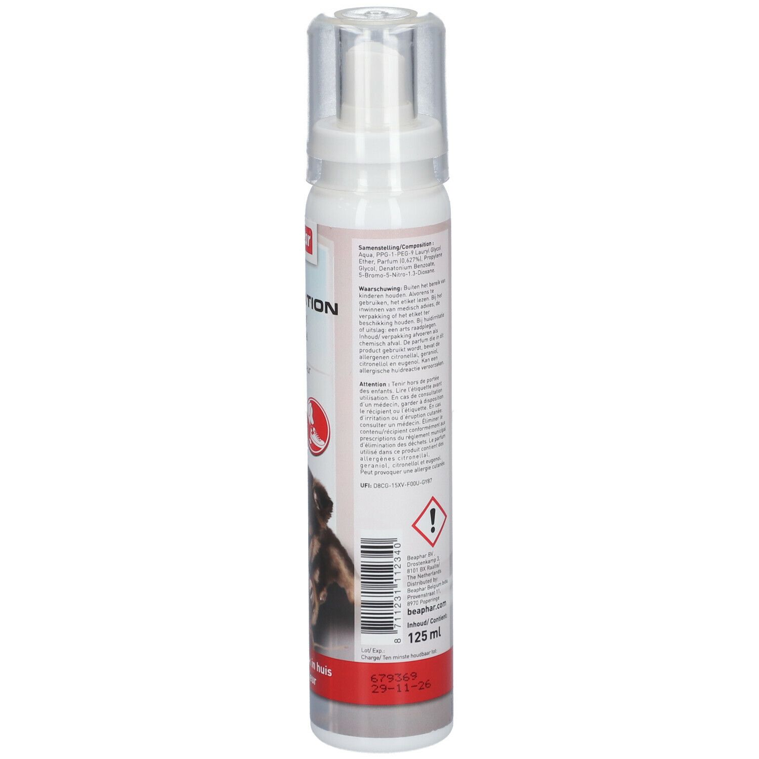 Beaphar Dog Education Spray. Fles met tekst, waarschuwing en volume: 125 ml. Houdbaarheidsdatum.