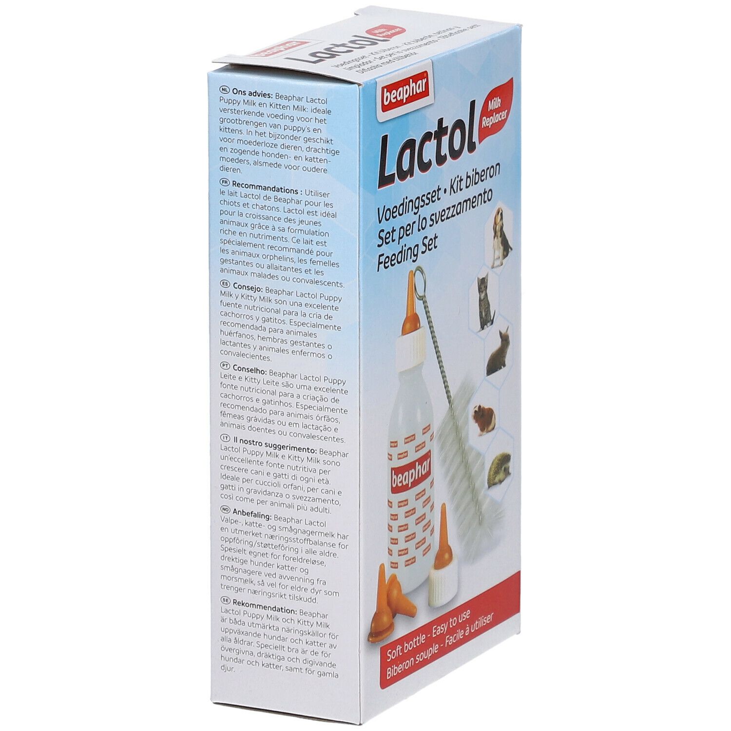 Verpakking van de Beaphar Lactol voedingsset. Zijaanzicht met productafbeelding, tekst en foto's van dieren. Bevat fles, spenen, borstel.