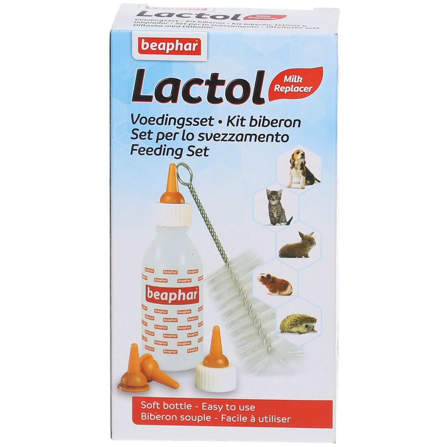 Beaphar Lactol voedingsset. Bevat fles, spenen, borstel. Verpakking met productafbeelding en foto's van dieren.