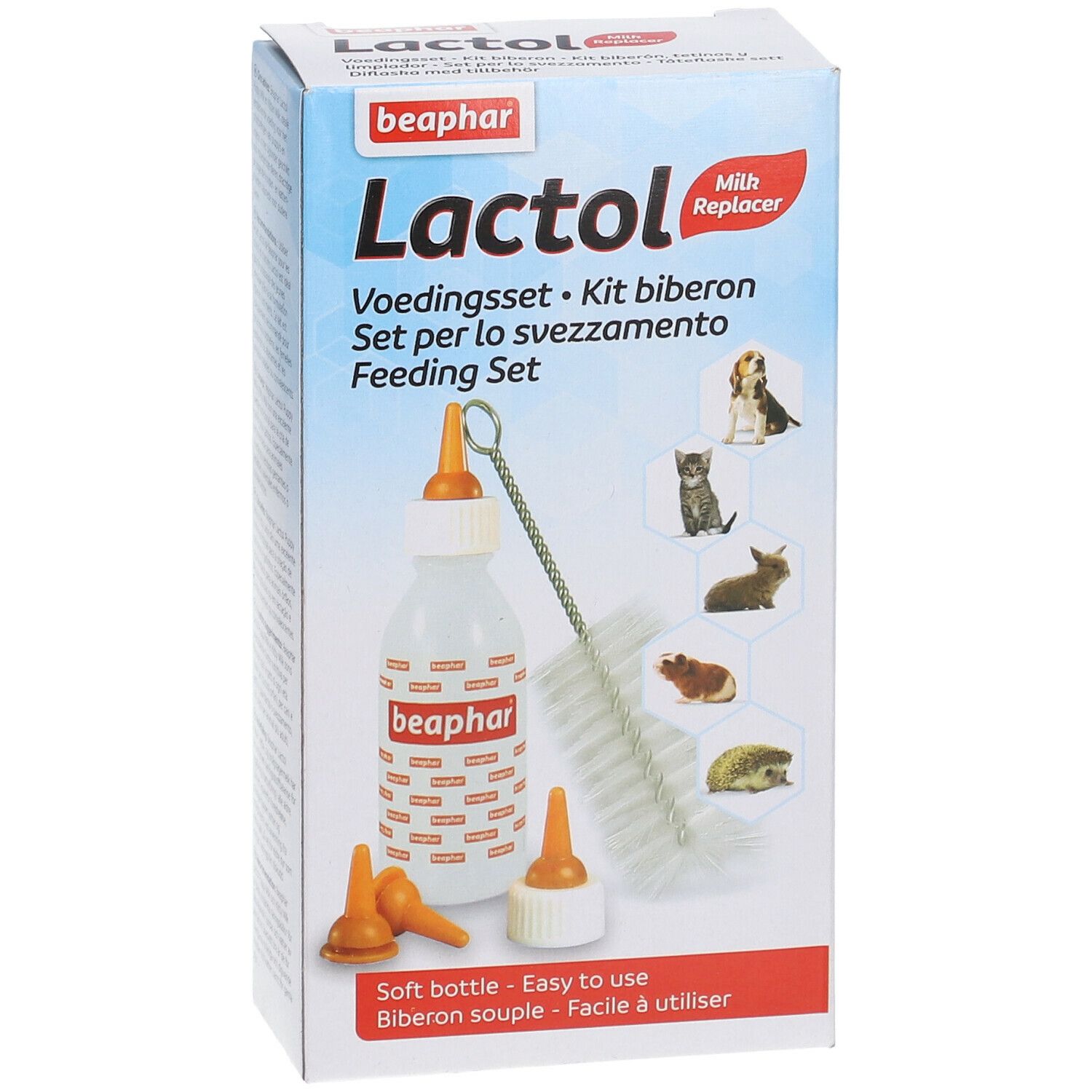 Beaphar Lactol voedingsset. Bevat fles, spenen, borstel. Verpakking met productafbeelding en foto's van dieren.