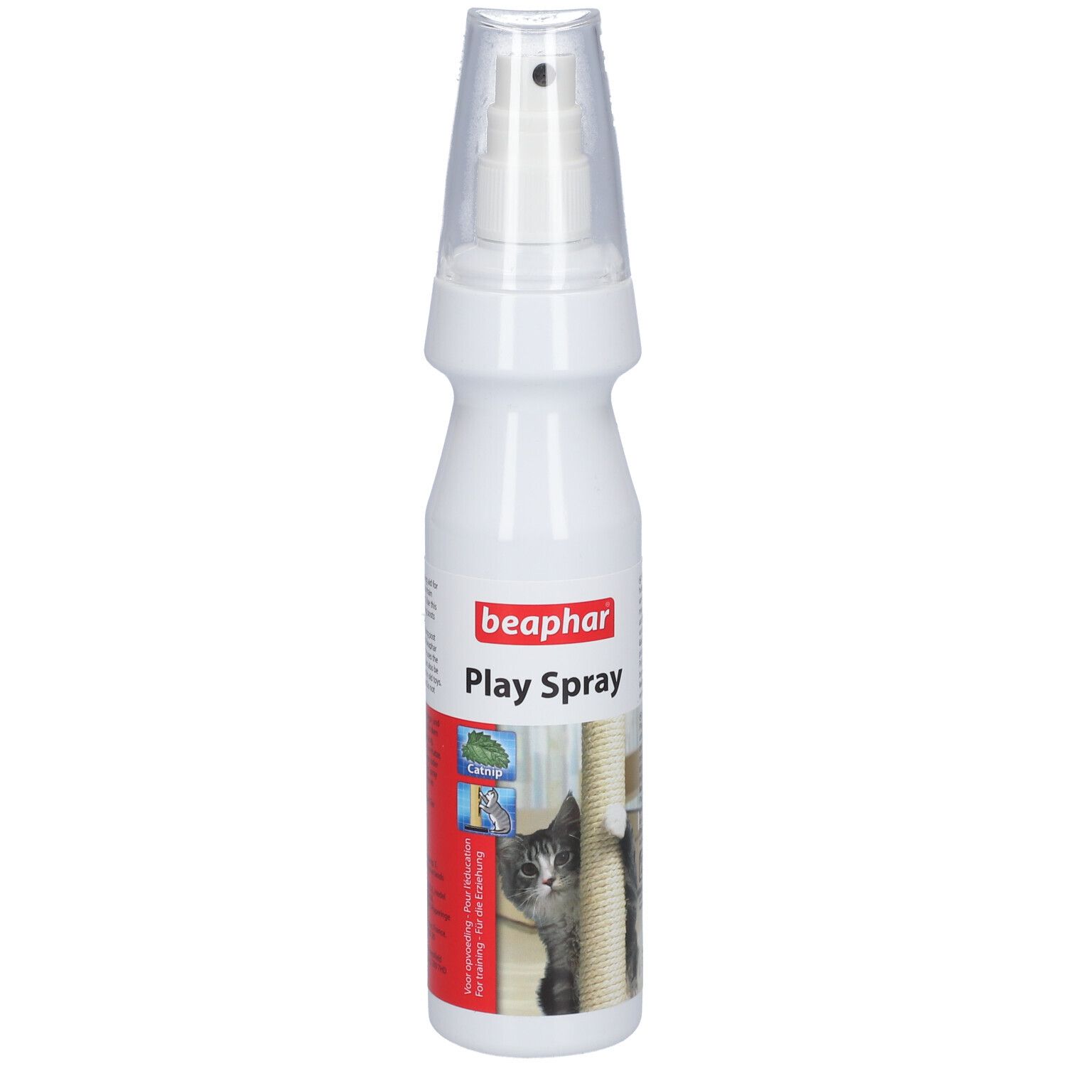 Weiße Sprühflasche mit transparentem Deckel. Aufschrift "beaphar Play Spray" und Abbildung einer Katze.