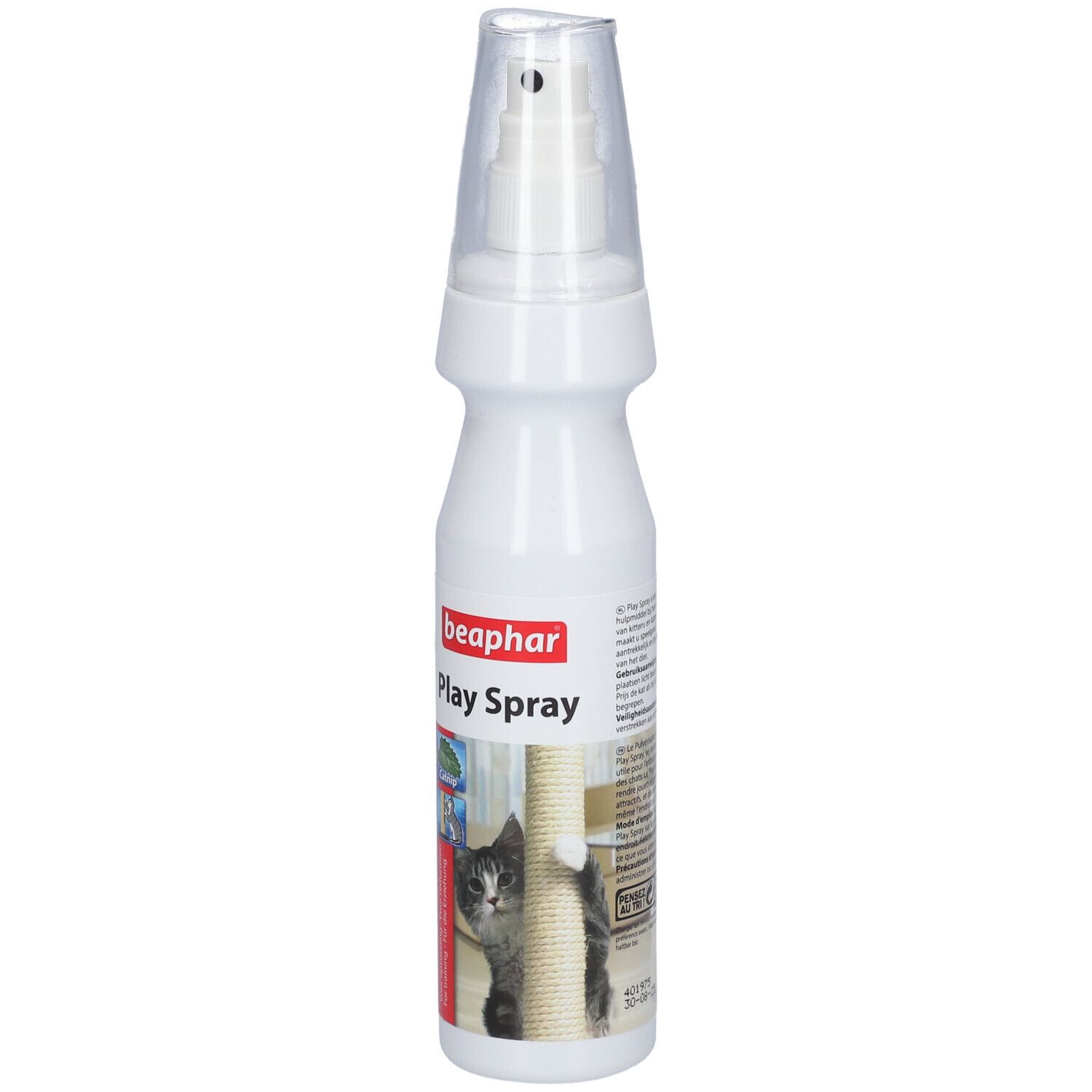 Weiße Sprühflasche mit transparentem Deckel. Aufschrift "beaphar Play Spray" und Abbildung einer Katze.