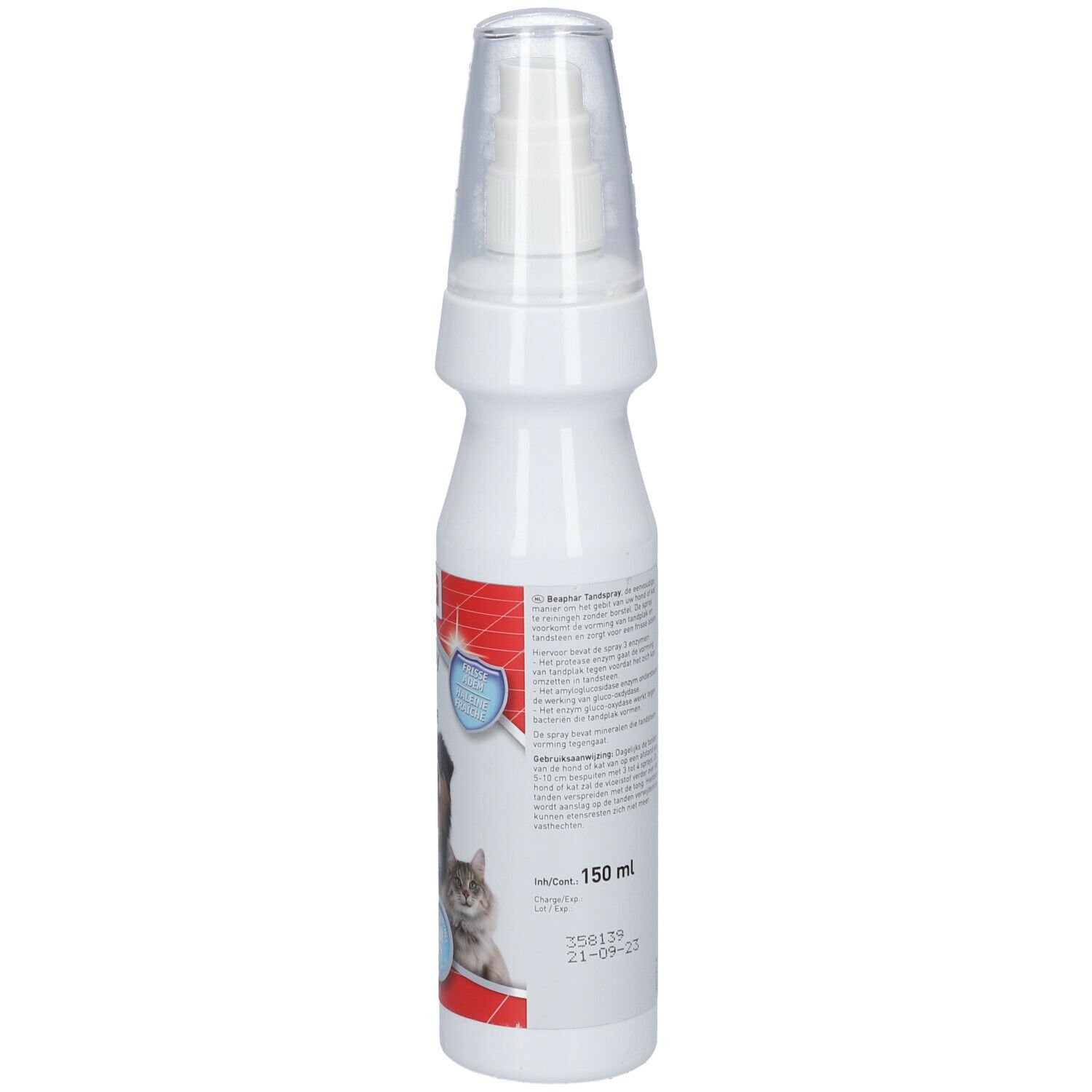 Witte sprayfles. Achterkant met tekst. Opschrift: 150 ml. Met sproeikop. Etiket met tekst in meerdere talen.