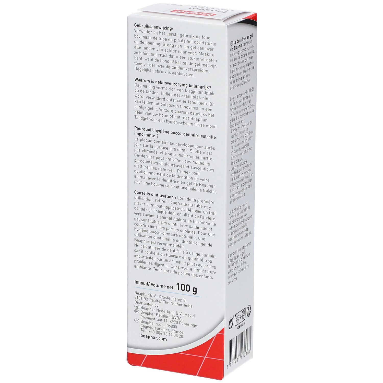 Verpackung mit Text. Aufdruck: "beaphar", "Tandgel Dentifrice Gel". Seite mit Produktinformationen und Inhaltsangabe.