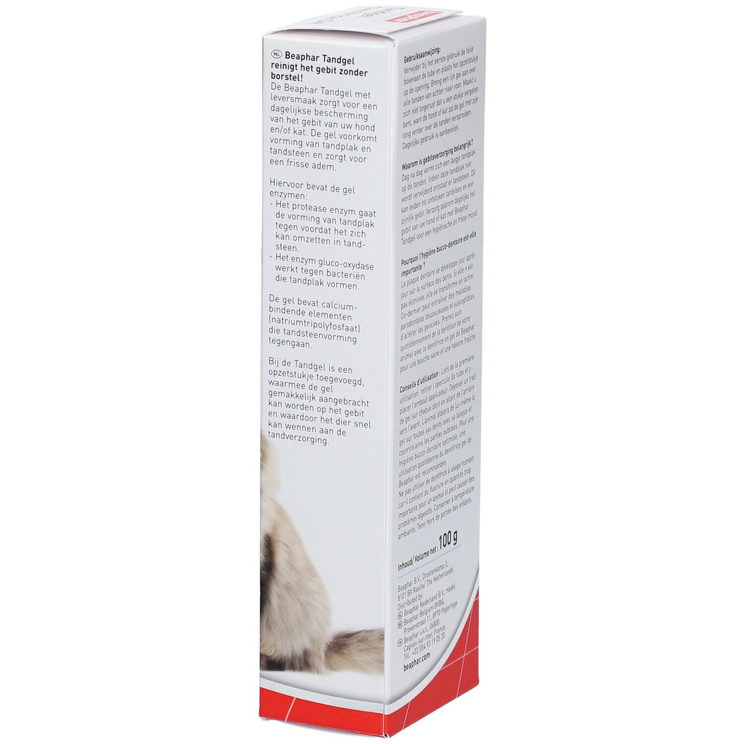 Verpackung mit Text. Aufdruck: "beaphar", "Tandgel Dentifrice Gel". Seite mit Produktinformationen und Inhaltsangabe.