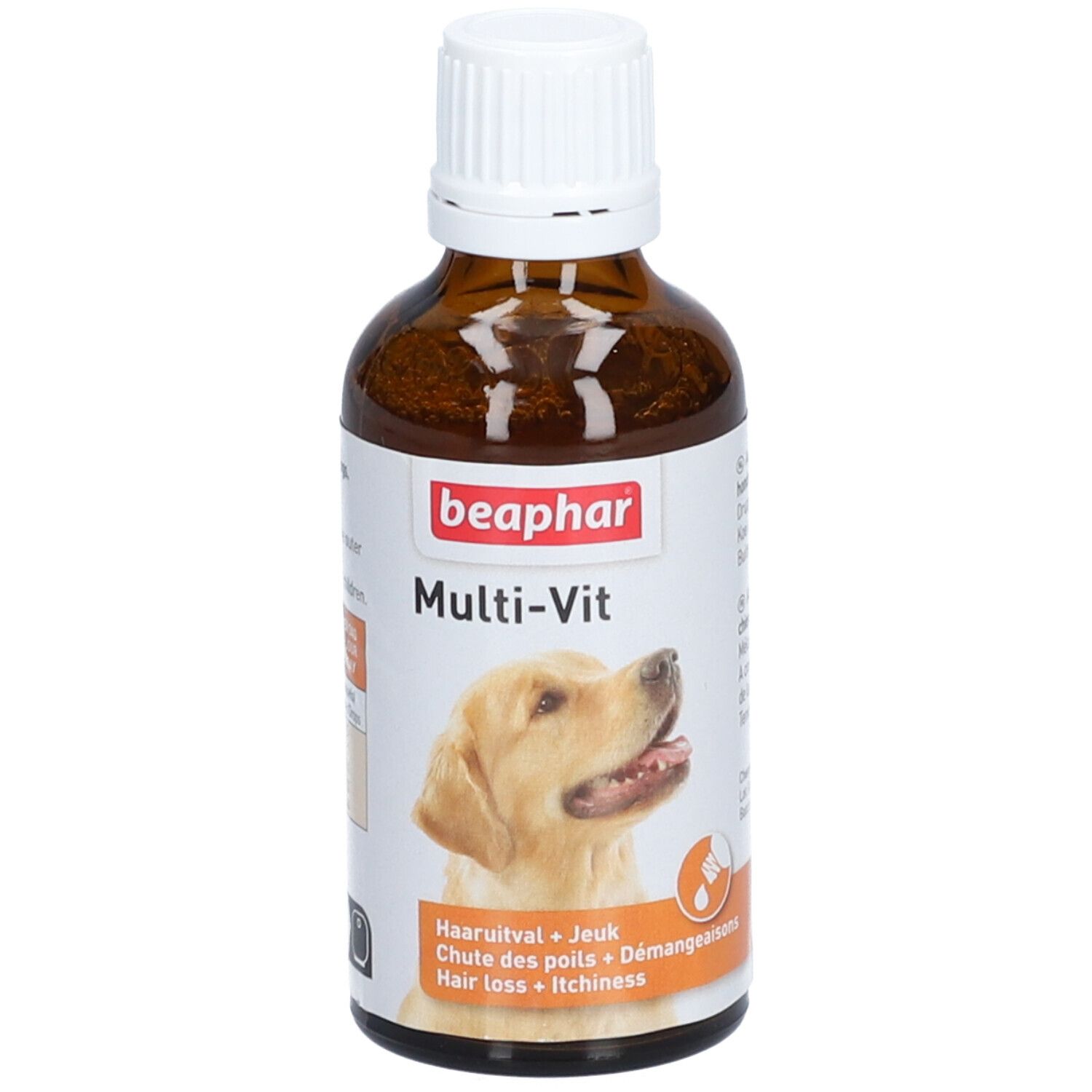 Bruine glazen fles met witte dop. Etiket met productnaam, afbeelding van een hond en tekst. Beaphar Multi-Vit.