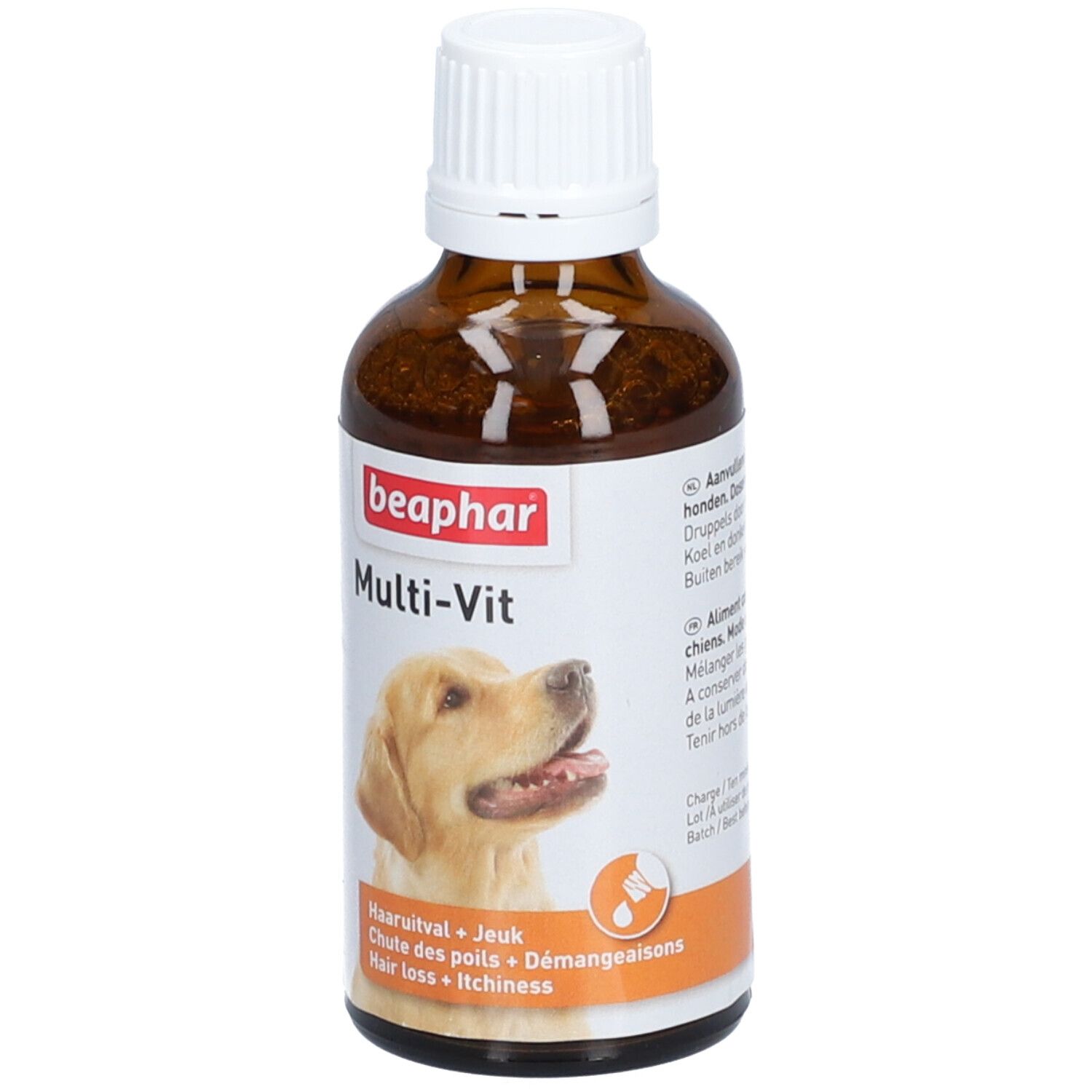 Bruine glazen fles met witte dop. Etiket met productnaam, afbeelding van een hond en tekst. Beaphar Multi-Vit.