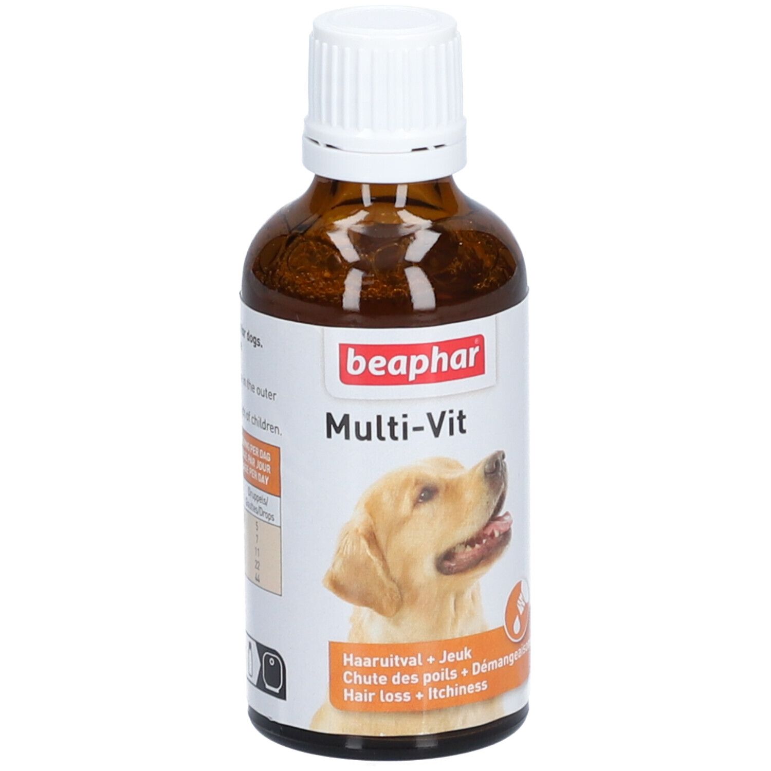 Bruine glazen fles met witte dop. Etiket met productnaam, afbeelding van een hond en tekst. Beaphar Multi-Vit.
