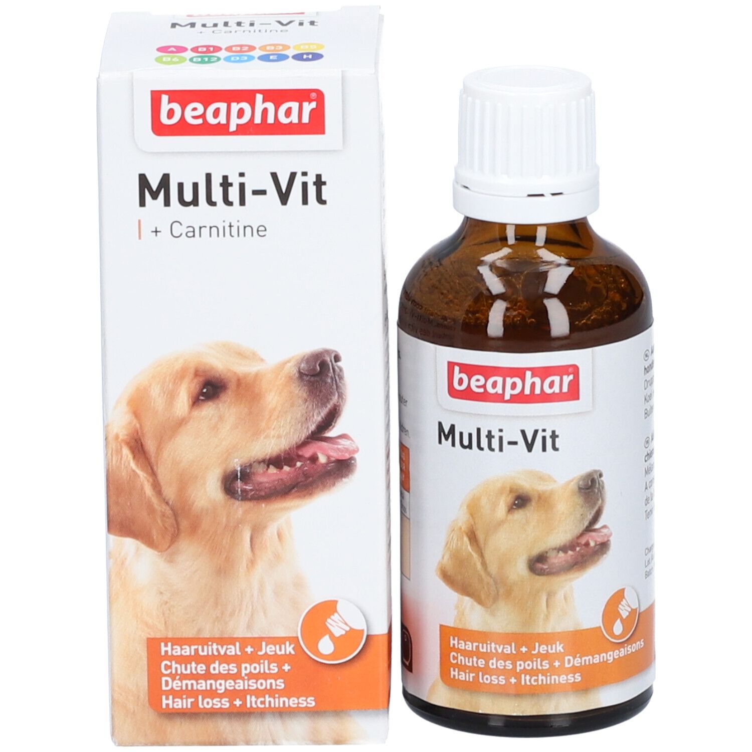 Beaphar Multi-Vit + Carnitine, fles en verpakking. Fles: bruin, witte dop. Verpakking: wit, productnaam, afbeelding van een hond.