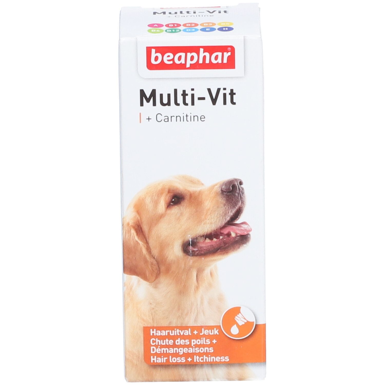 Witte verpakking met productnaam, afbeelding van een hond en tekst. Beaphar Multi-Vit + Carnitine.