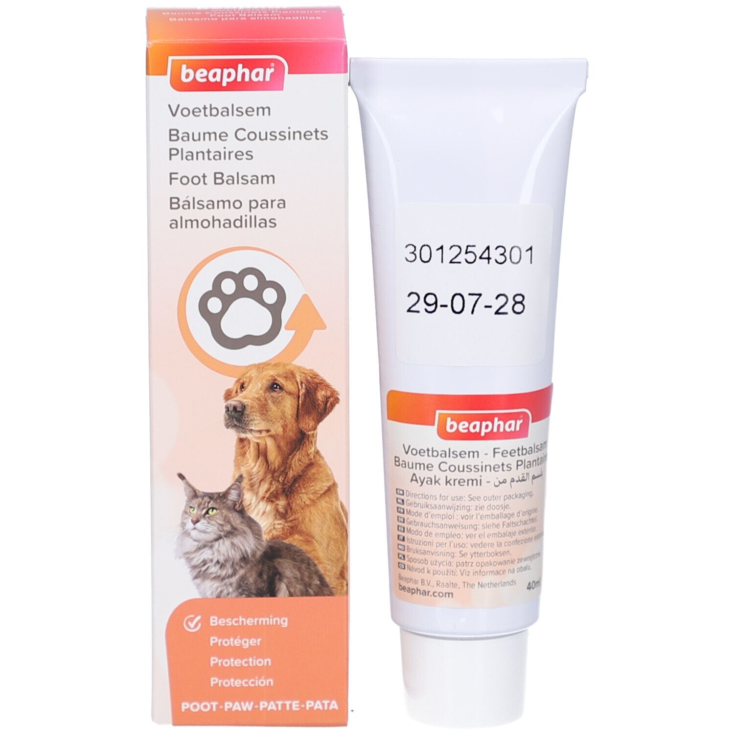 Produktverpackung und Tube. Verpackung: rechteckig, weiß, orange, rosa. Tube: weiß, Etikett mit Text.