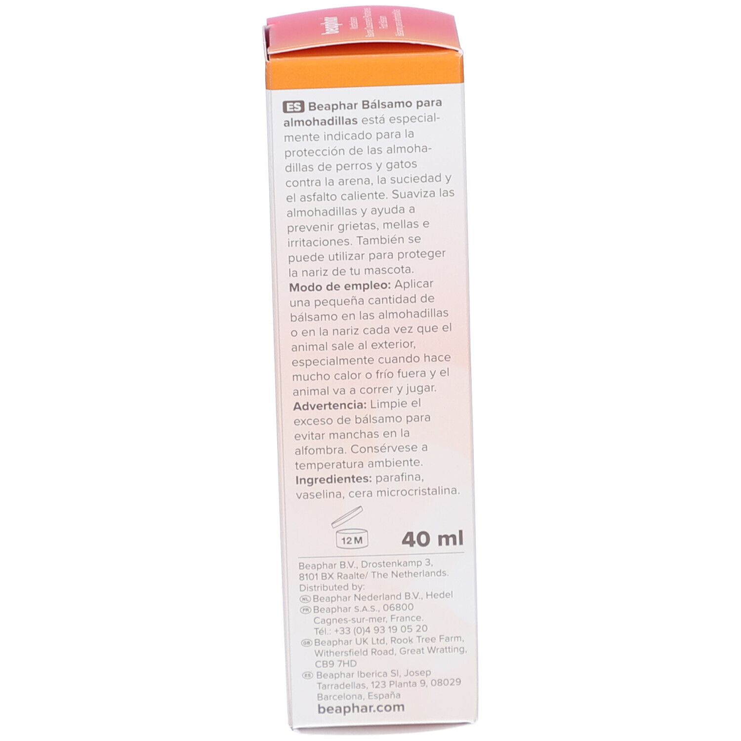 Produktverpackung. Rückseite. Text in spanischer Sprache. Aufdruck: 40 ml. Text: Beaphar.