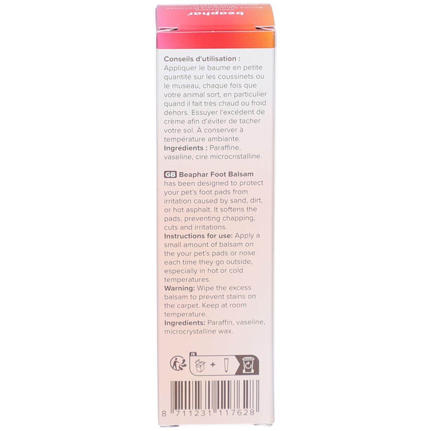 Produktverpackung. Rückseite. Text in englischer Sprache. Text: Beaphar Foot Balsam. Inhaltsstoffe: Paraffin, Vaseline, Mikrokristallinwachs.