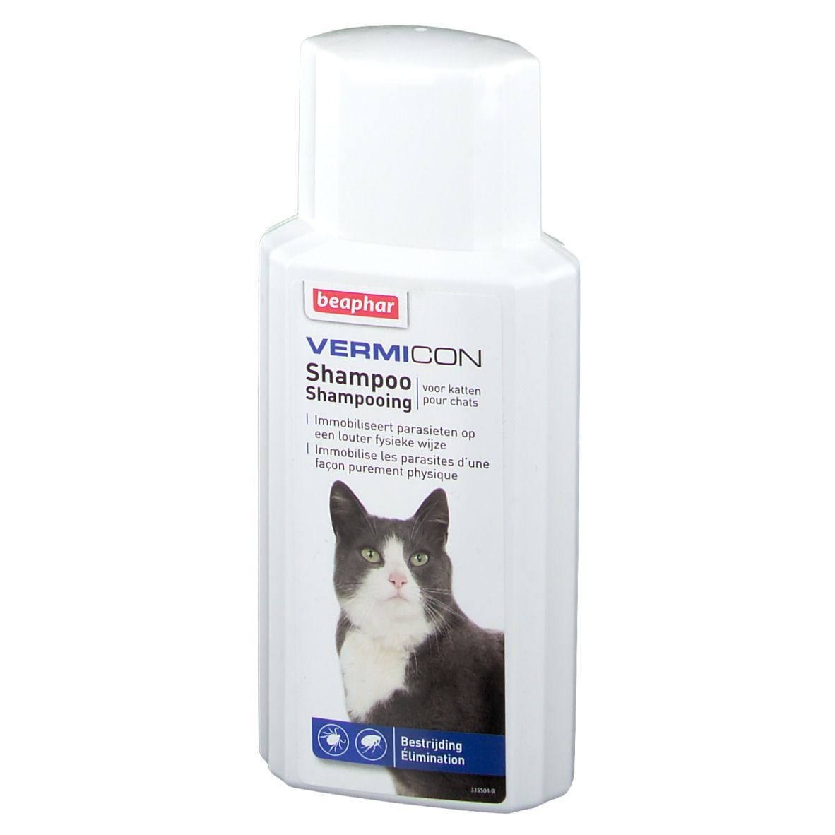 Flacon blanc avec étiquette. Beaphar Vermicon Shampooing pour chats. Image d'un chat.