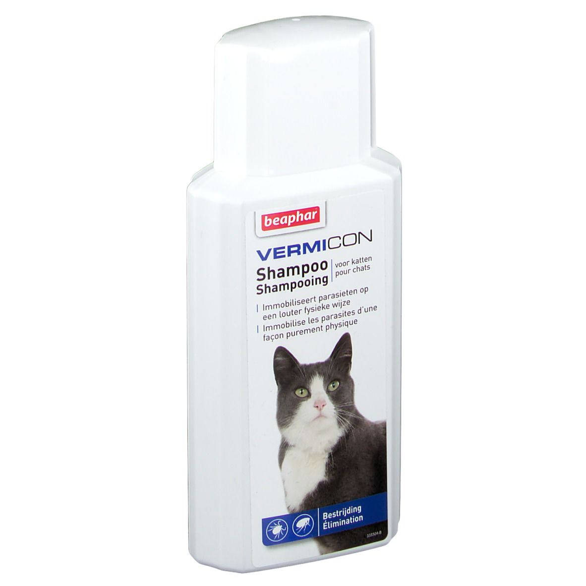 Flacon blanc avec étiquette. Beaphar Vermicon Shampooing pour chats. Image d'un chat.