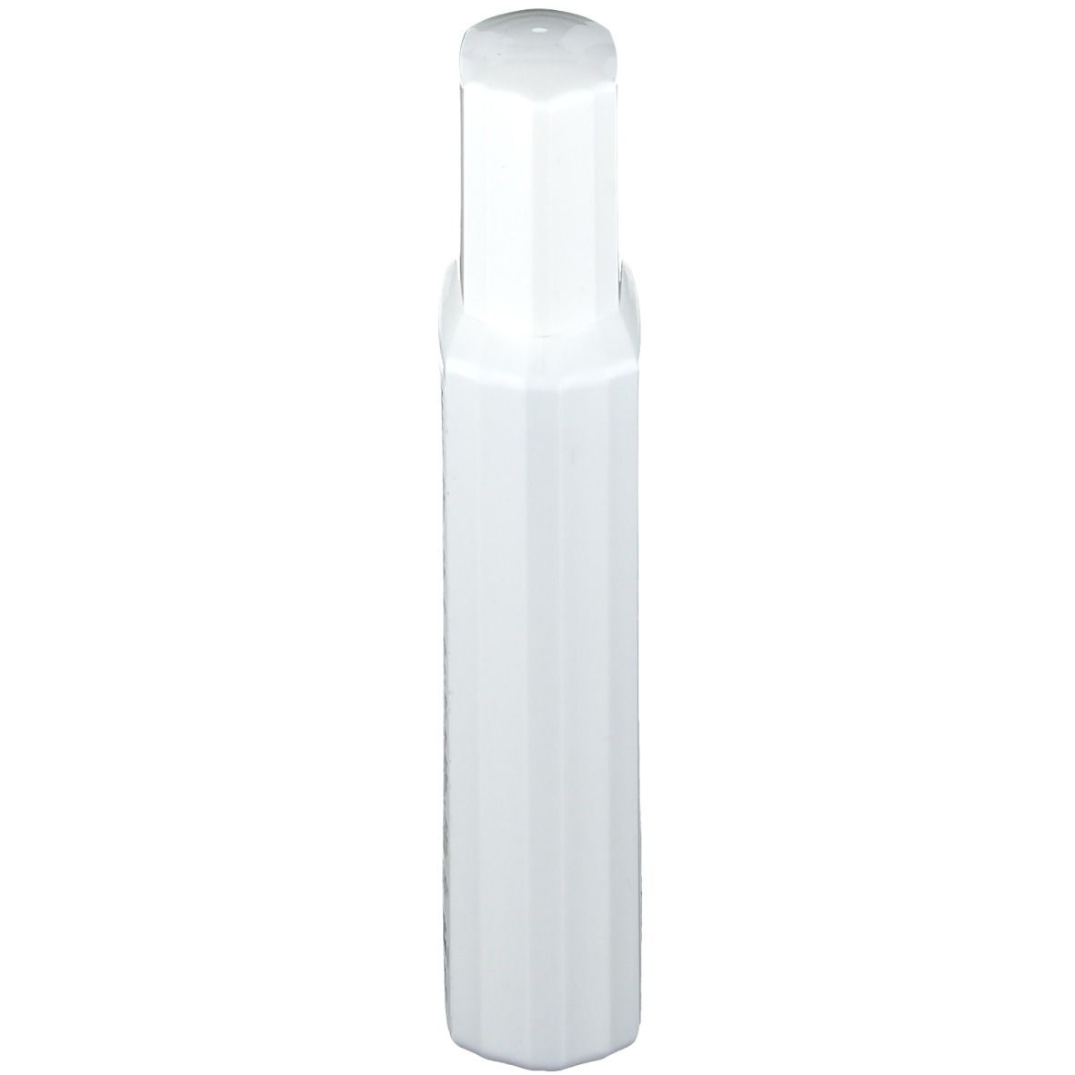 Flacon blanc allongé avec bouchon et corps octogonaux.