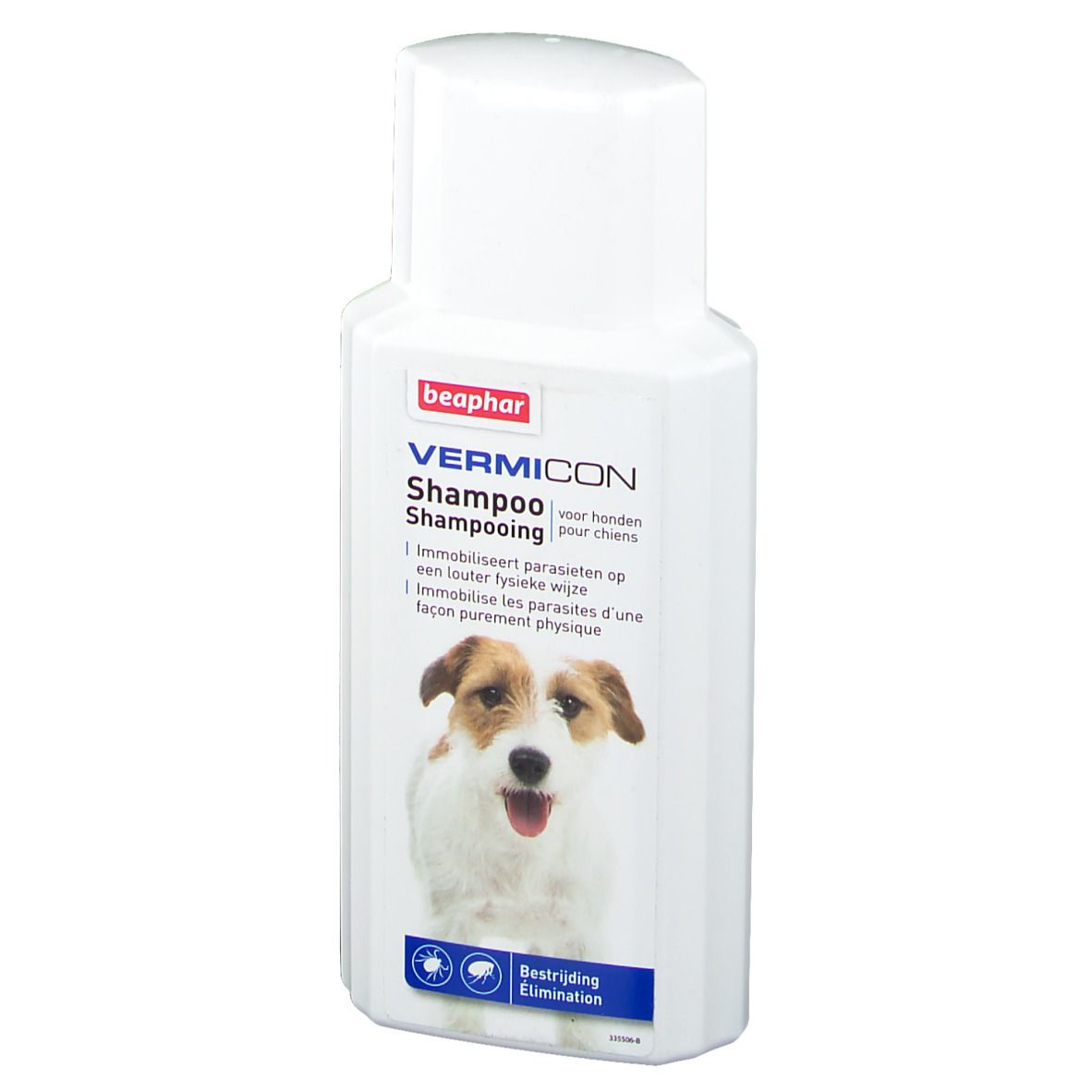 Flacon blanc avec étiquette "beaphar VERMICON Shampooing". Image d'un chien. Texte en allemand, néerlandais et français.