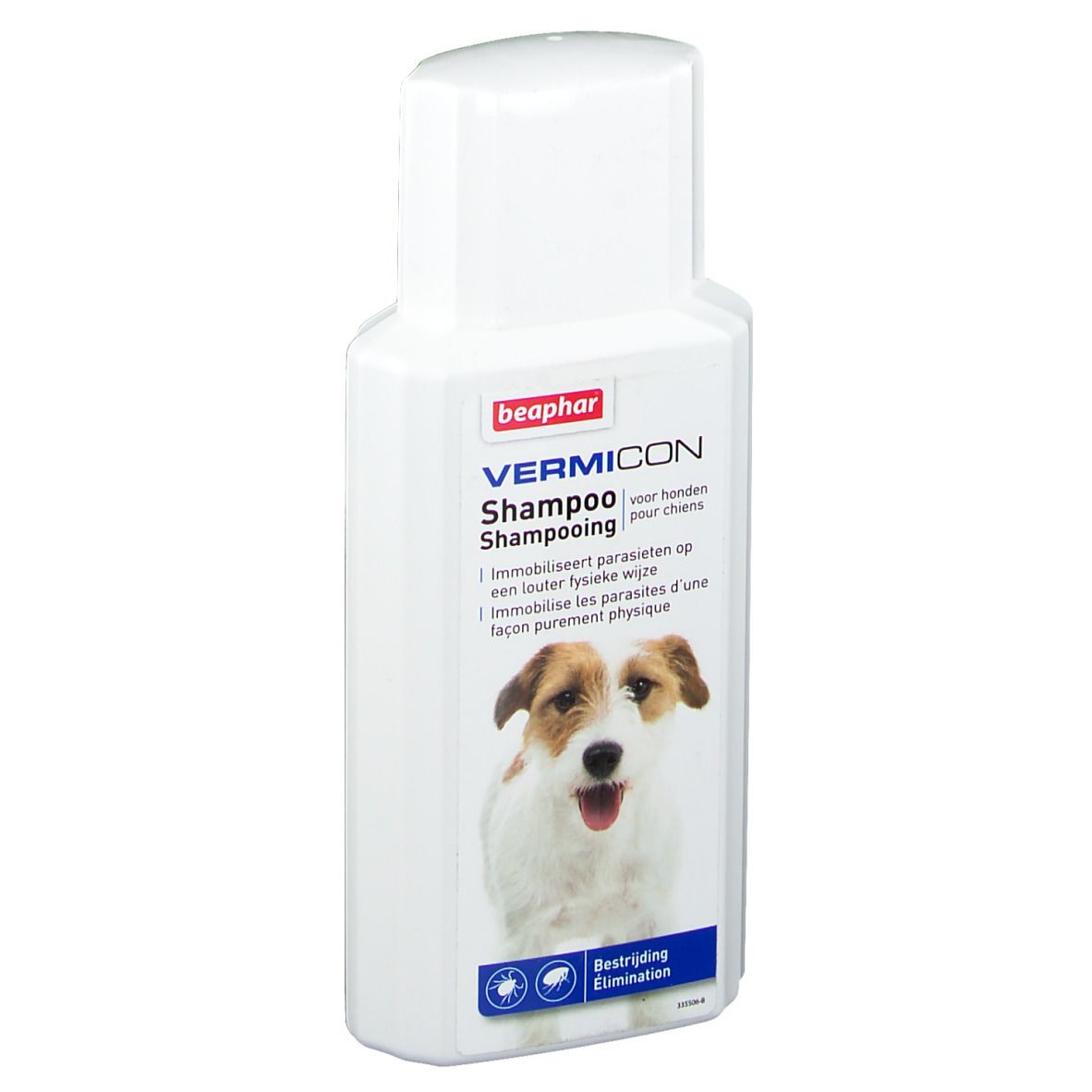 Flacon blanc avec étiquette "beaphar VERMICON Shampooing". Image d'un chien. Texte en allemand, néerlandais et français.