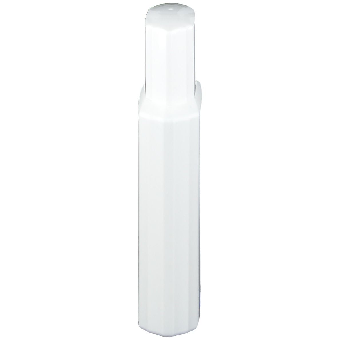 Flacon blanc, allongé, avec bouchon octogonal. Aucun autre détail visible.