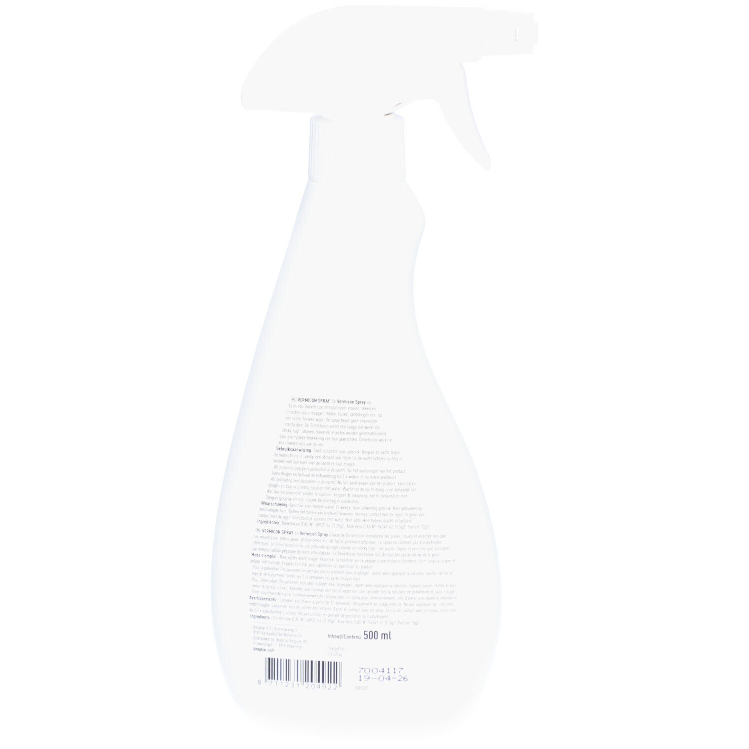 Witte sprayfles met sproeikop. Achterkant met tekst. Onderaan: 500 ml. Streepjescode en vervaldatum.