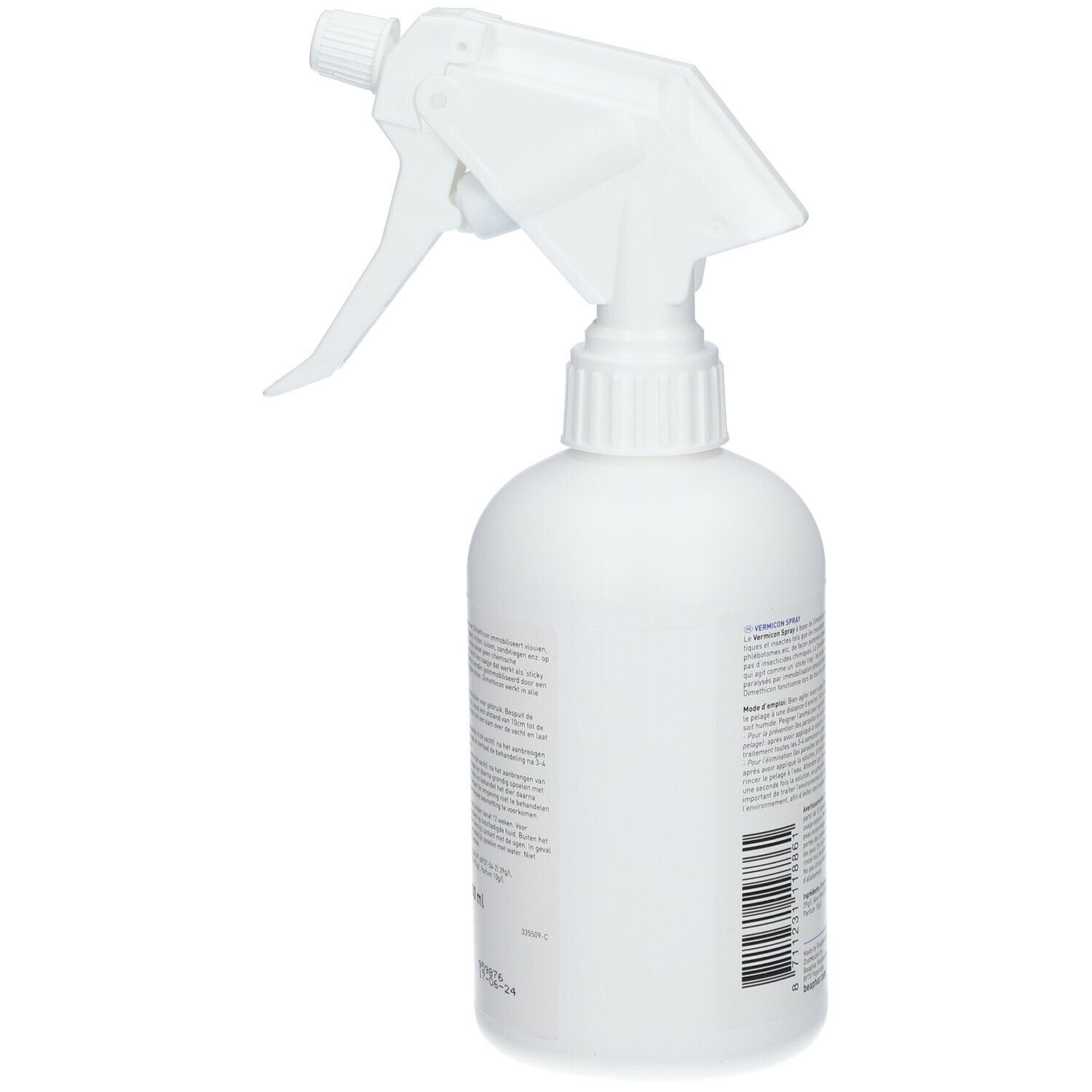 Witte sprayfles met sproeikop. Opschrift op de fles. Achteraanzicht.