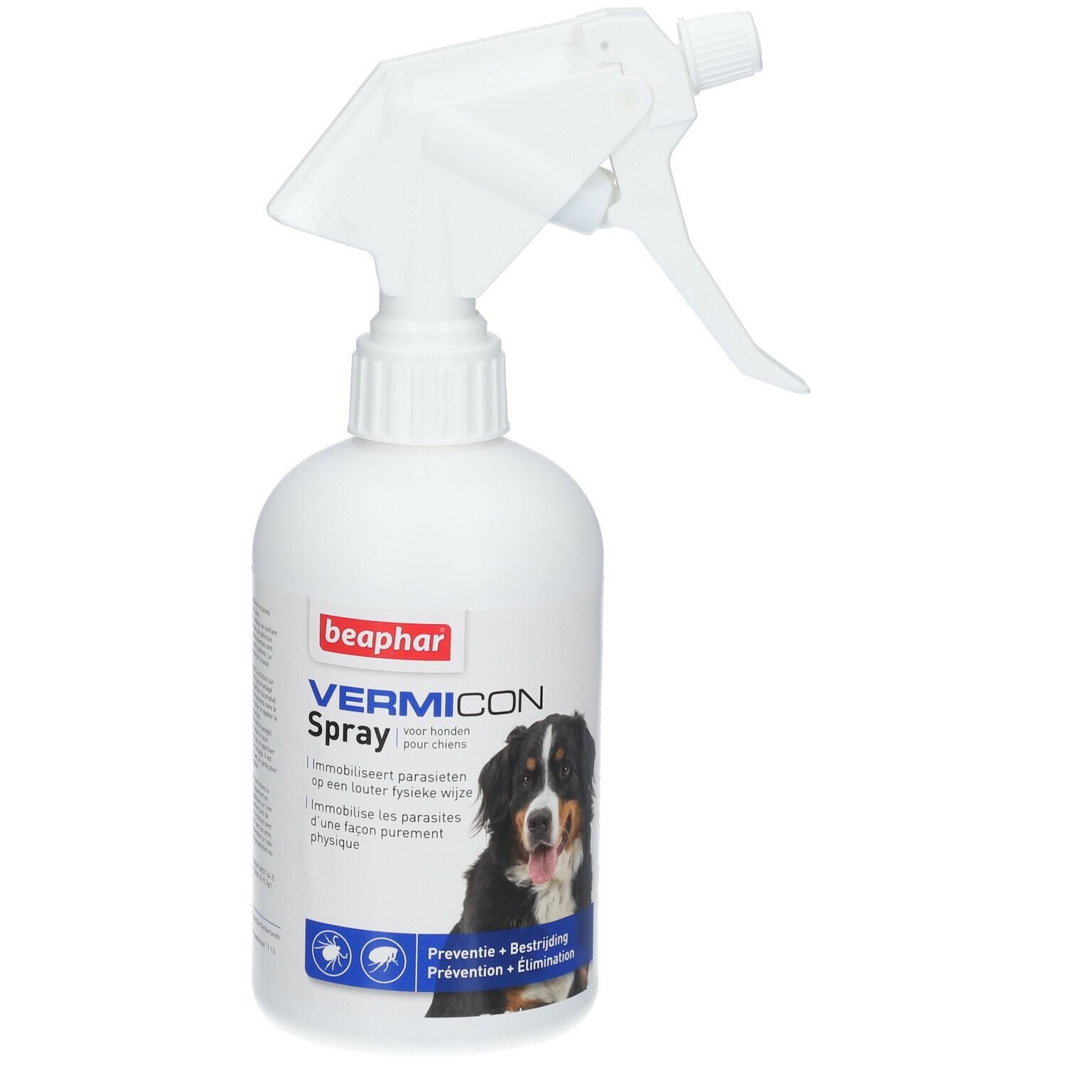 Witte sprayfles met sproeikop. Opschrift: beaphar, Vermicon Spray. Afbeelding van een hond. Tekst: Preventie + Bestrijding + Eliminatie.